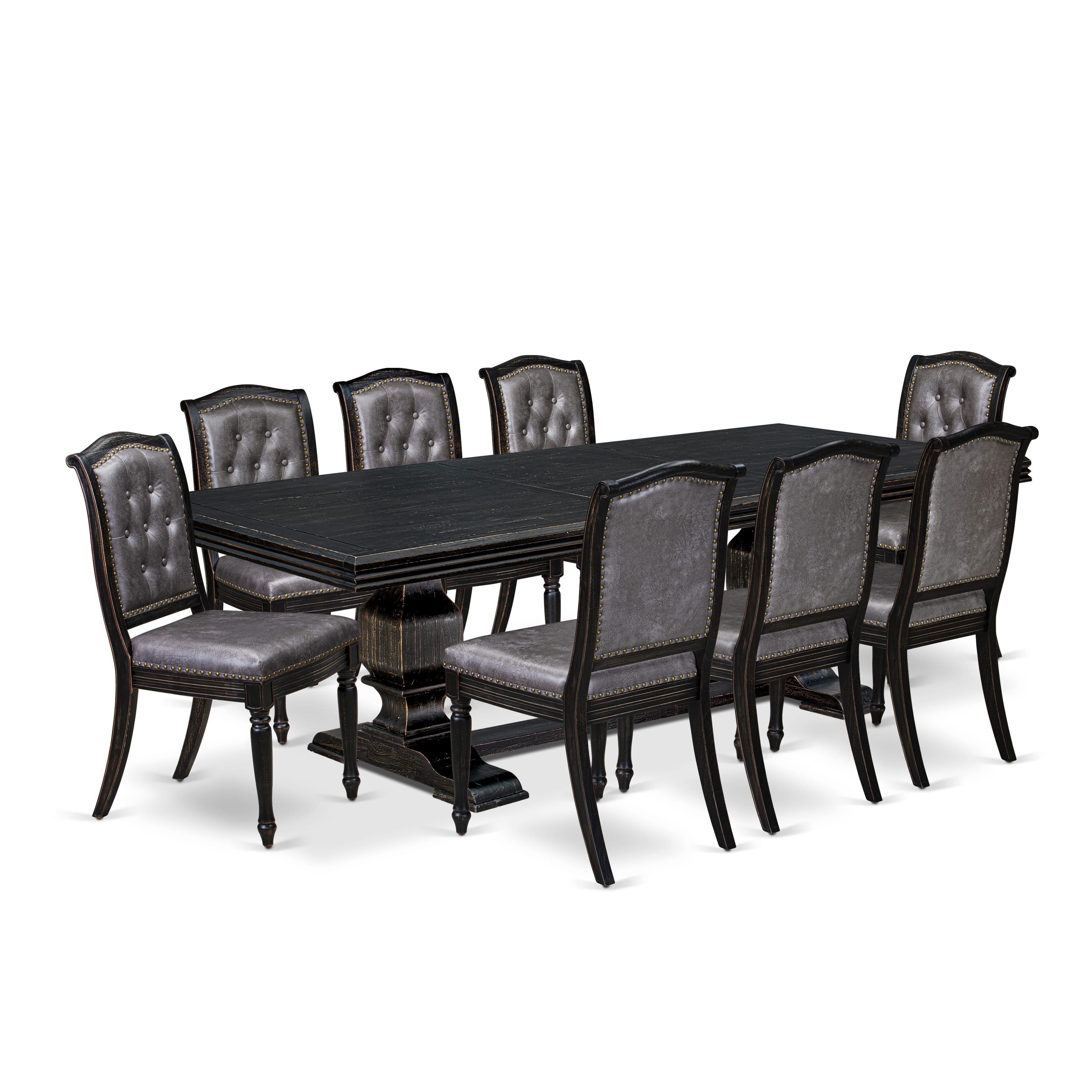 Luxe by East West Furniture - NKMA9-SBB-34 - 9-piece Dining Table Set consists of a Wooden Dining Table and 8 Dark Grey PU Leather Parsons Chairs with Button Tufted Back - Sand Blasting Black Finish