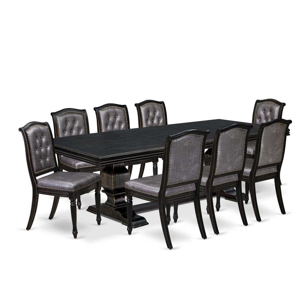 Luxe by East West Furniture - NKMA9-SBB-34 - 9-piece Dining Table Set consists of a Wooden Dining Table and 8 Dark Grey PU Leather Parsons Chairs with Button Tufted Back - Sand Blasting Black Finish