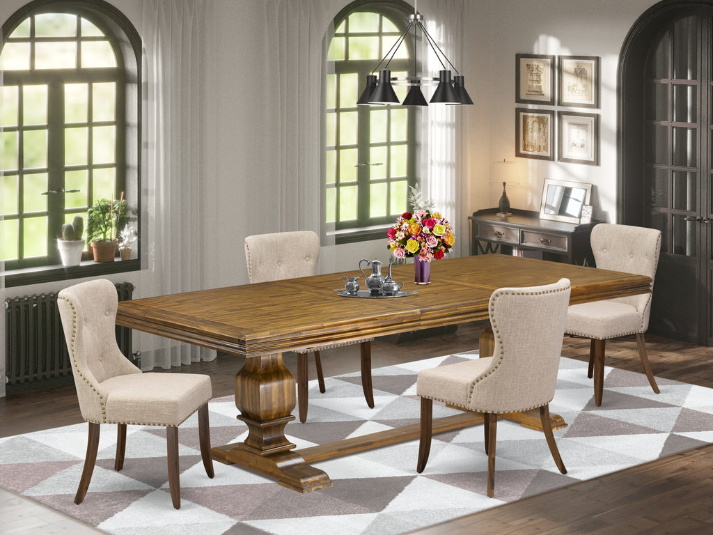 Luxe by East West Furniture NKSI5-AWA-04 5-piece Kitchen Table Set consists of a Dining Table and 4 Light Tan Linen Fabric Dining room Chairs with Button tufted Back - Antique Walnut Finish