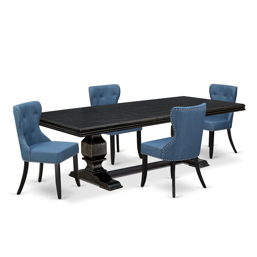 Luxe by East West Furniture - NKSI5-SBB-21 - 5-piece Dining Room Table Set consists of a Dining Table and 4 Blue Linen Fabric Upholstered Chairs with Button Tufted Back - Sand Blasting Black Finish