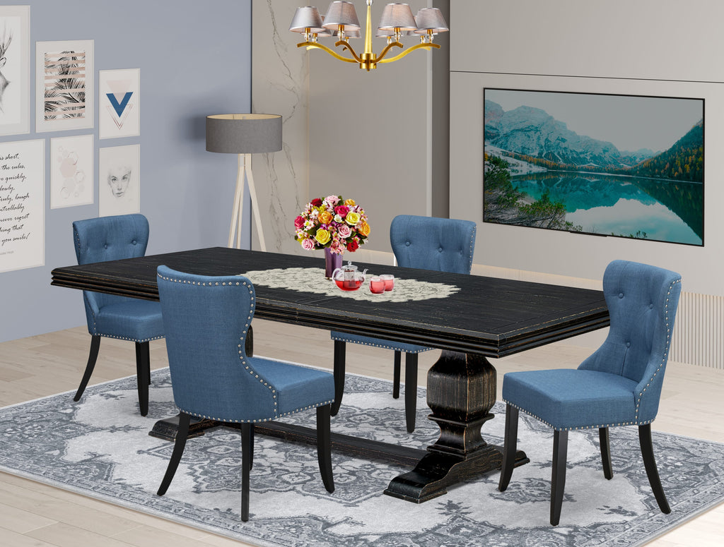 Luxe by East West Furniture - NKSI5-SBB-21 - 5-piece Dining Room Table Set consists of a Dining Table and 4 Blue Linen Fabric Upholstered Chairs with Button Tufted Back - Sand Blasting Black Finish