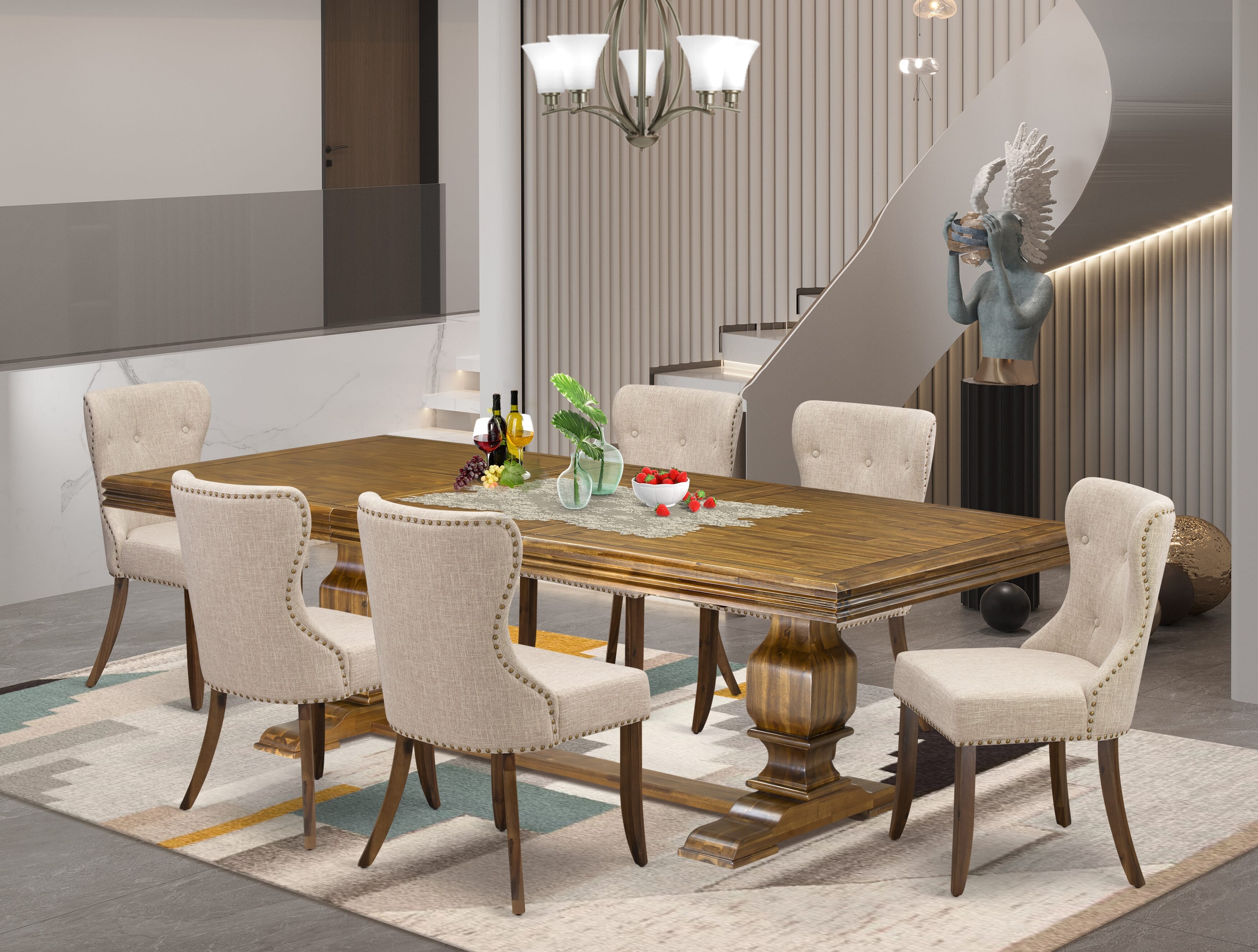 Luxe by East West Furniture NKSI7-AWA-04 7-piece Modern Dining Table Set includes a Kitchen Table and 6 Light Tan Linen Fabric Dining room Chairs with Button tufted Back - Antique Walnut Finish