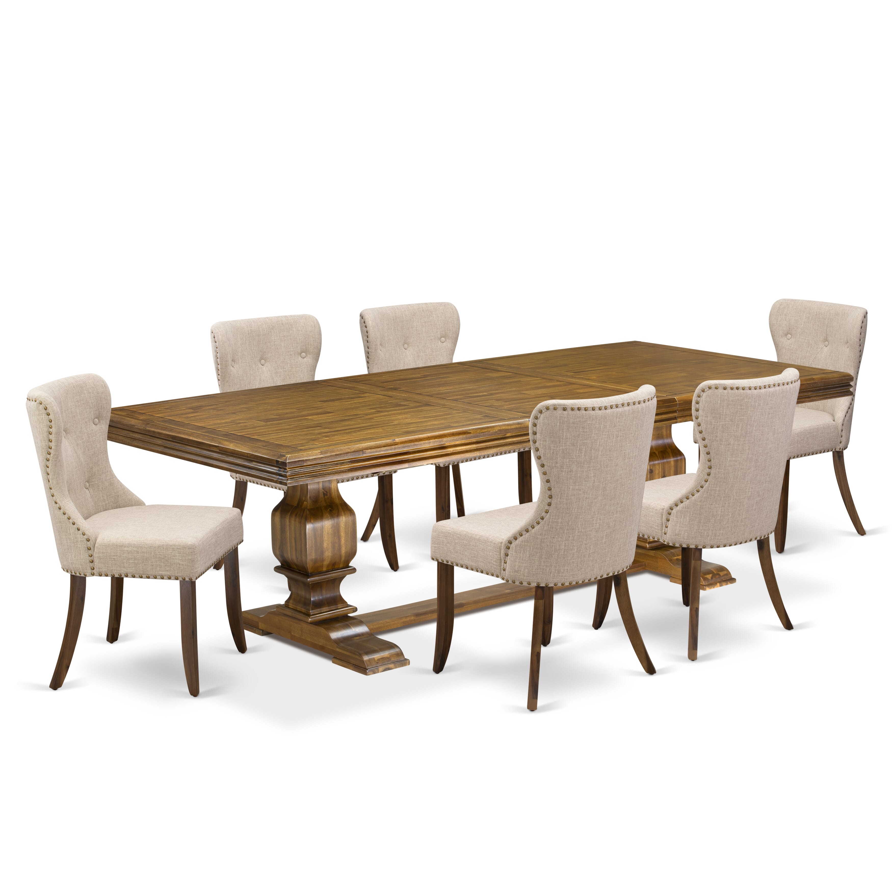Luxe by East West Furniture NKSI7-AWA-04 7-piece Modern Dining Table Set includes a Kitchen Table and 6 Light Tan Linen Fabric Dining room Chairs with Button tufted Back - Antique Walnut Finish