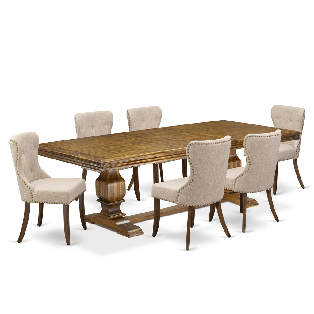 Luxe by East West Furniture NKSI7-AWA-04 7-piece Modern Dining Table Set includes a Kitchen Table and 6 Light Tan Linen Fabric Dining room Chairs with Button tufted Back - Antique Walnut Finish