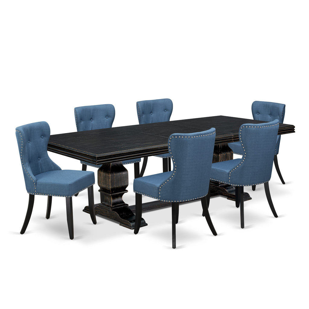 Luxe by East West Furniture - NKSI7-SBB-21 - 7-piece Dining Table Set consists of a Dinning Table and 6 Blue Linen Fabric Padded Chairs with Button Tufted Back - Sand Blasting Black Finish