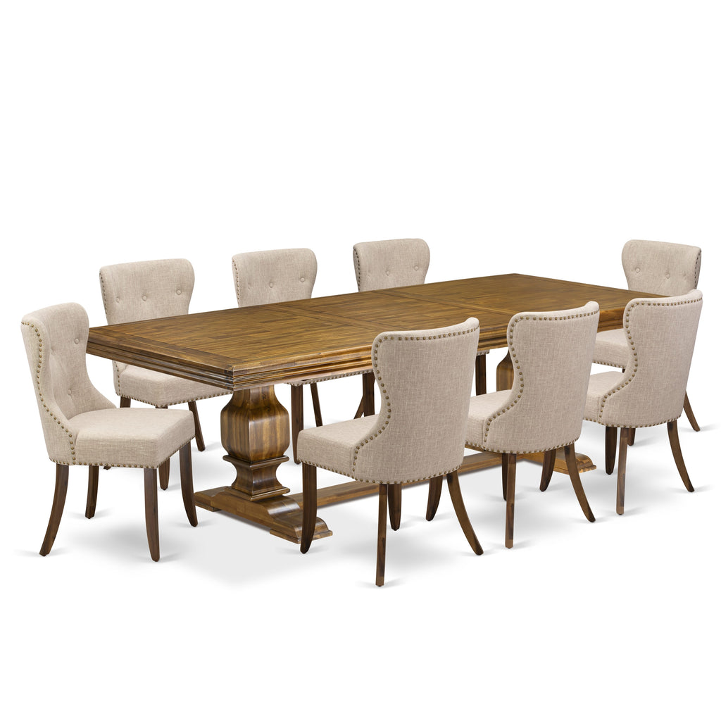 Luxe by East West Furniture NKSI9-AWA-04 9-piece Dining Table Set consists of a Dining Table and 8 Light Tan Linen Fabric Kitchen Chairs with Button tufted Back - Antique Walnut Finish