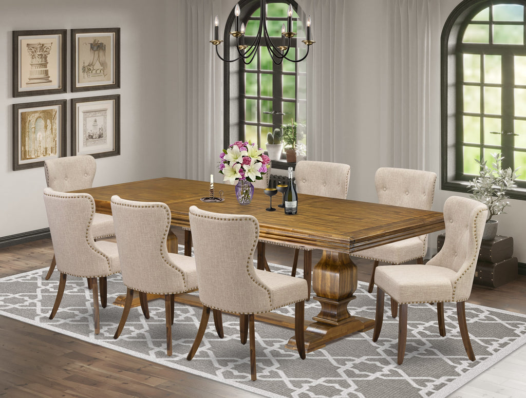 Luxe by East West Furniture NKSI9-AWA-04 9-piece Dining Table Set consists of a Dining Table and 8 Light Tan Linen Fabric Kitchen Chairs with Button tufted Back - Antique Walnut Finish