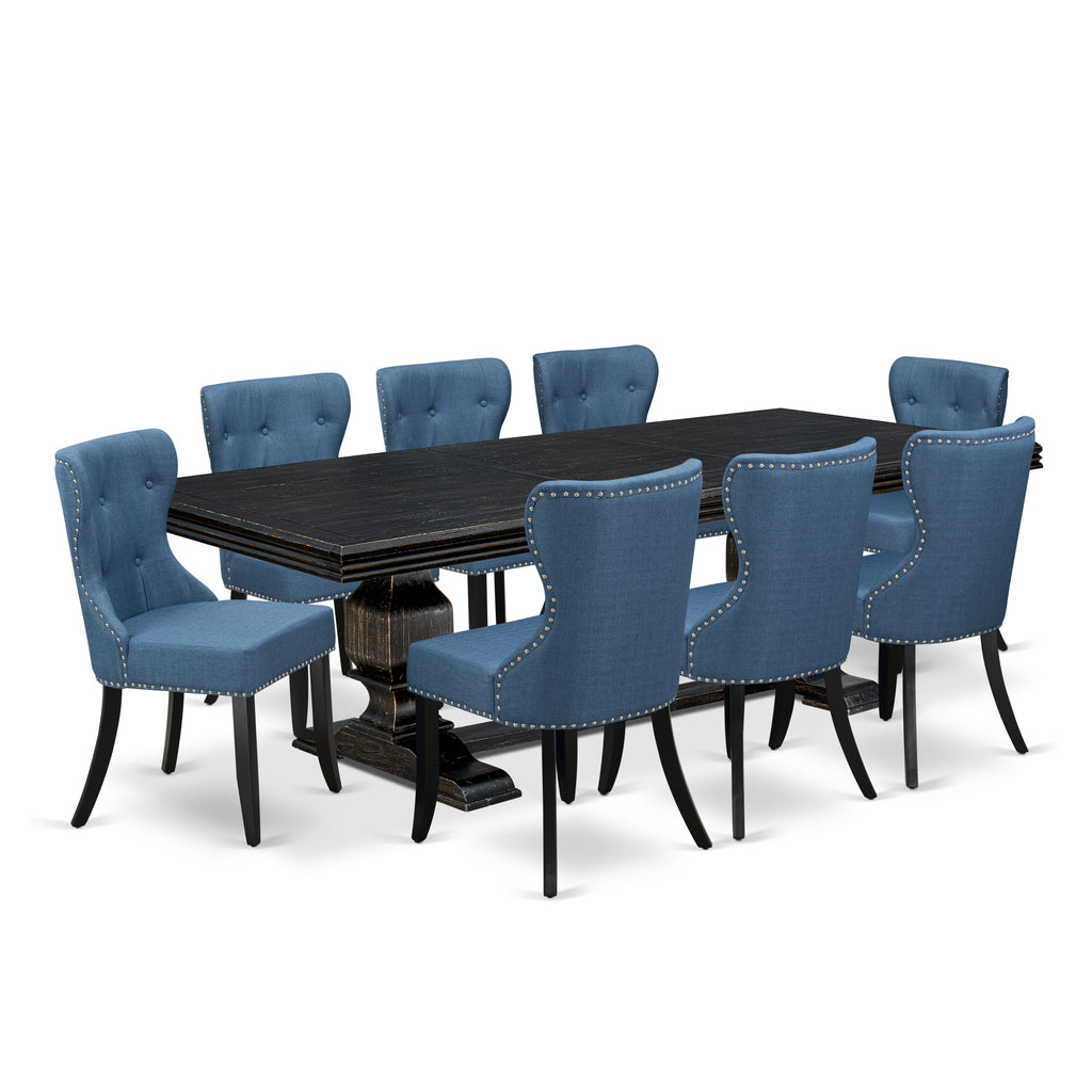 Luxe by East West Furniture - NKSI9-SBB-21 - 9-piece Kitchen Table Set consists of a Dinner Table and 8 Blue Linen Fabric Upholstered Chairs with Button Tufted Back - Sand Blasting Black Finish