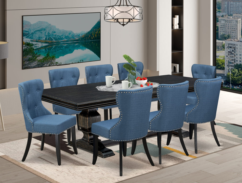 Luxe by East West Furniture - NKSI9-SBB-21 - 9-piece Kitchen Table Set consists of a Dinner Table and 8 Blue Linen Fabric Upholstered Chairs with Button Tufted Back - Sand Blasting Black Finish
