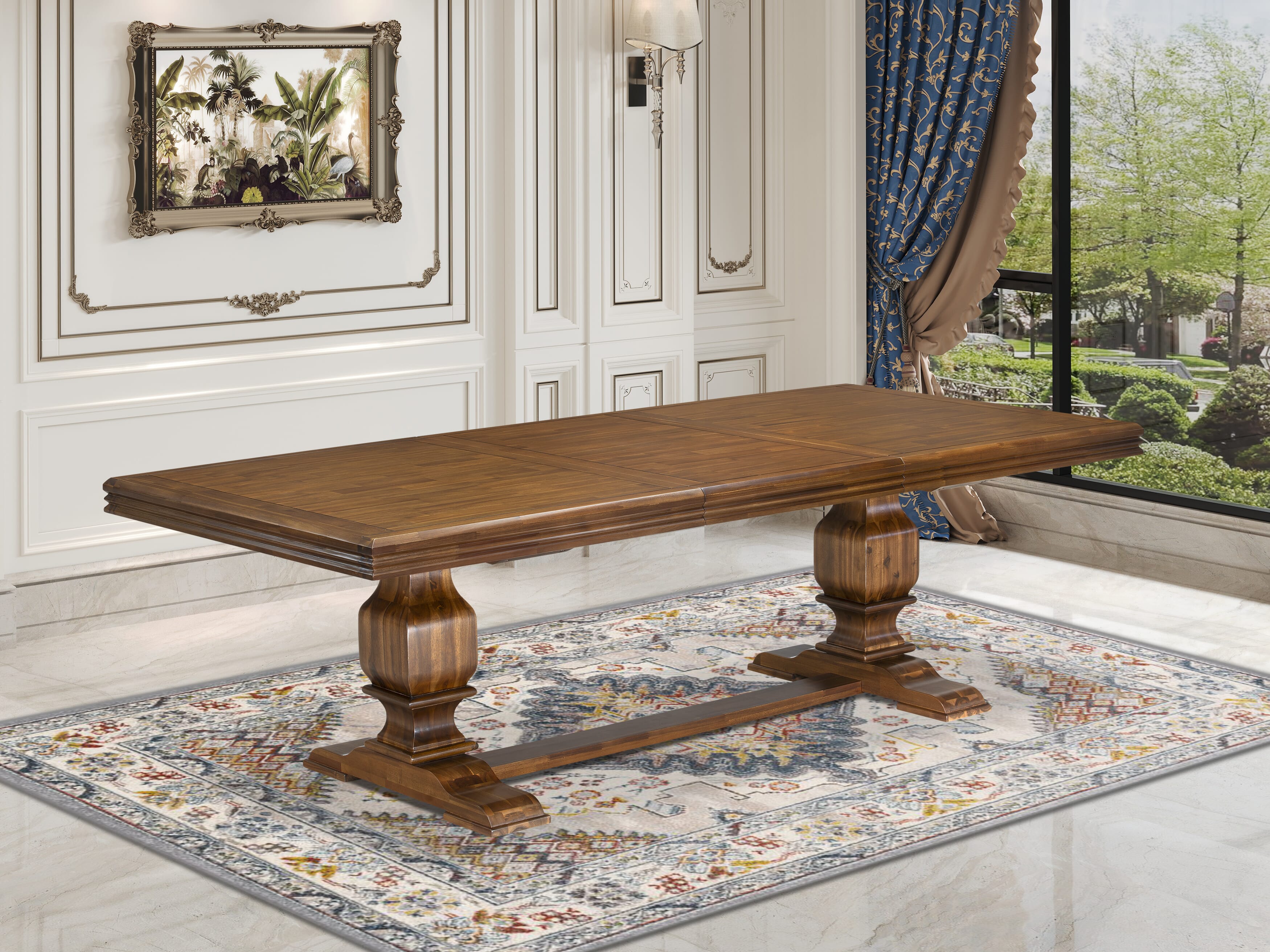 Luxe by East West Furniture NKDA9-AWA-29-9 Pieces Dining Table Set Includes a Rectangle Table and 8 Navy Blue Faux Leather Dining Chairs, Antique Walnut