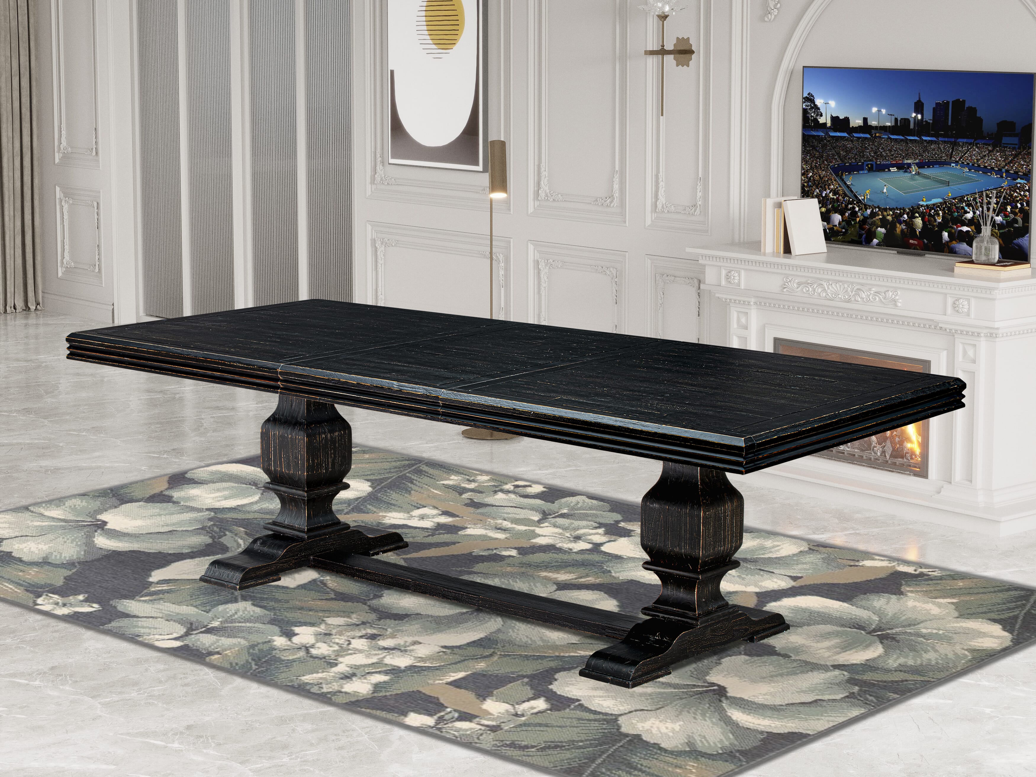 Luxe by East West Furniture - NKMA7-SBB-34 - 7-piece Mid Century Dining Table Set consists of a Dining Table and 6 Dark Grey PU Leather Chairs with Button Tufted Back - Sand Blasting Black Finish