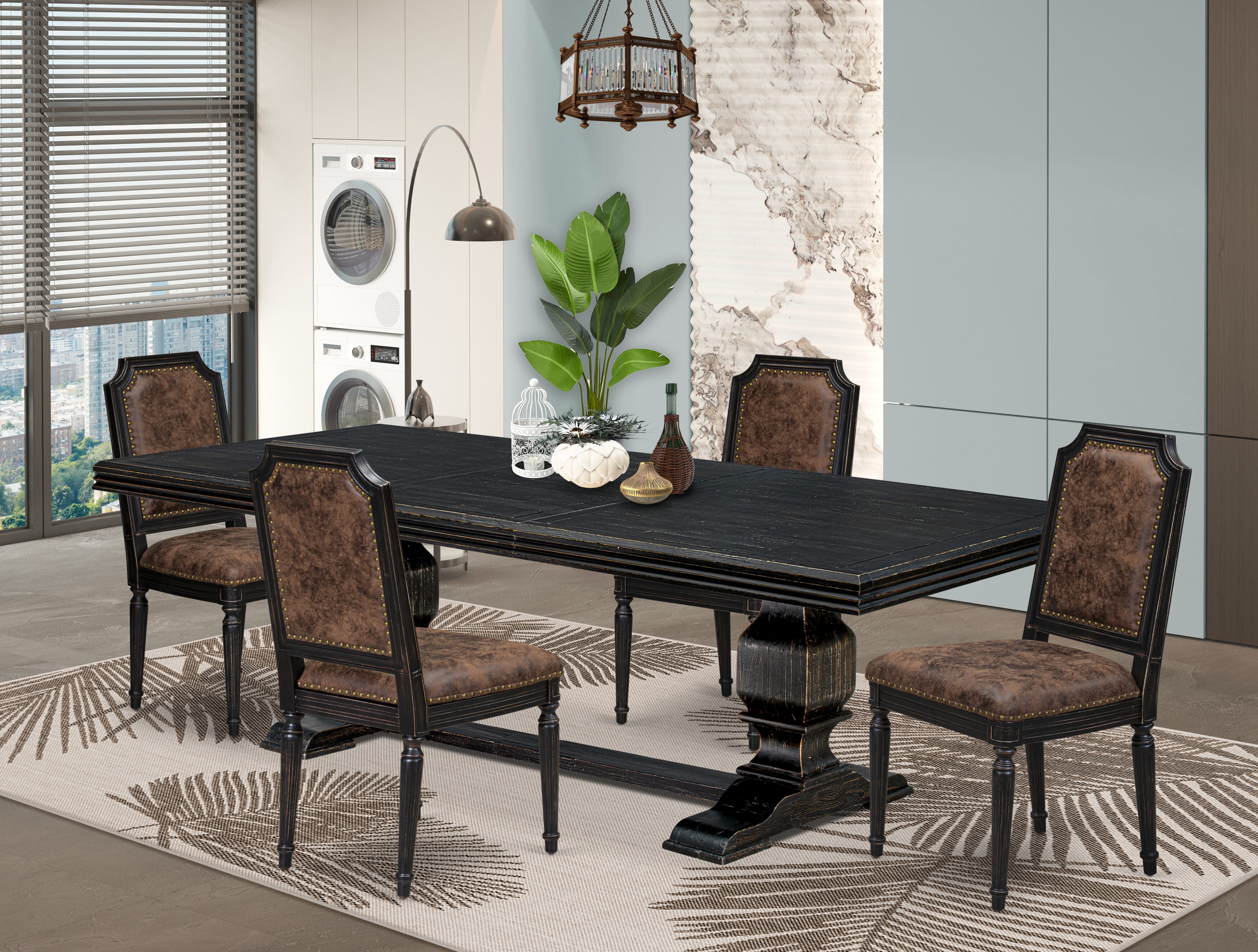 Luxe by East West Furniture NKTY5-SBB-33 5-piece Kitchen Table Set consists of a Modern Dining Table and 4 Brown Textured PU Leather Dining Chairs with High Back-Sand Blasting Black Finish