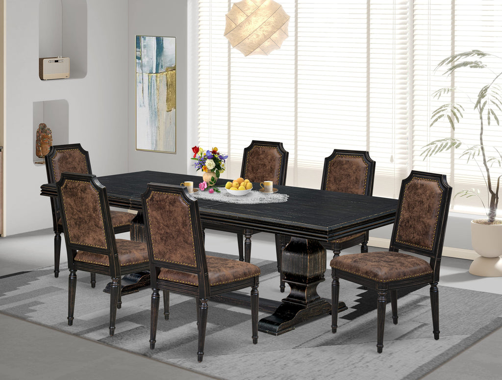 Luxe by East West Furniture NKTY7-SBB-33 7-piece Modern Dining Table Set includes a Kitchen Table and 6 Brown Textured PU Leather Dinner Chairs with High Back-Sand Blasting Black Finish