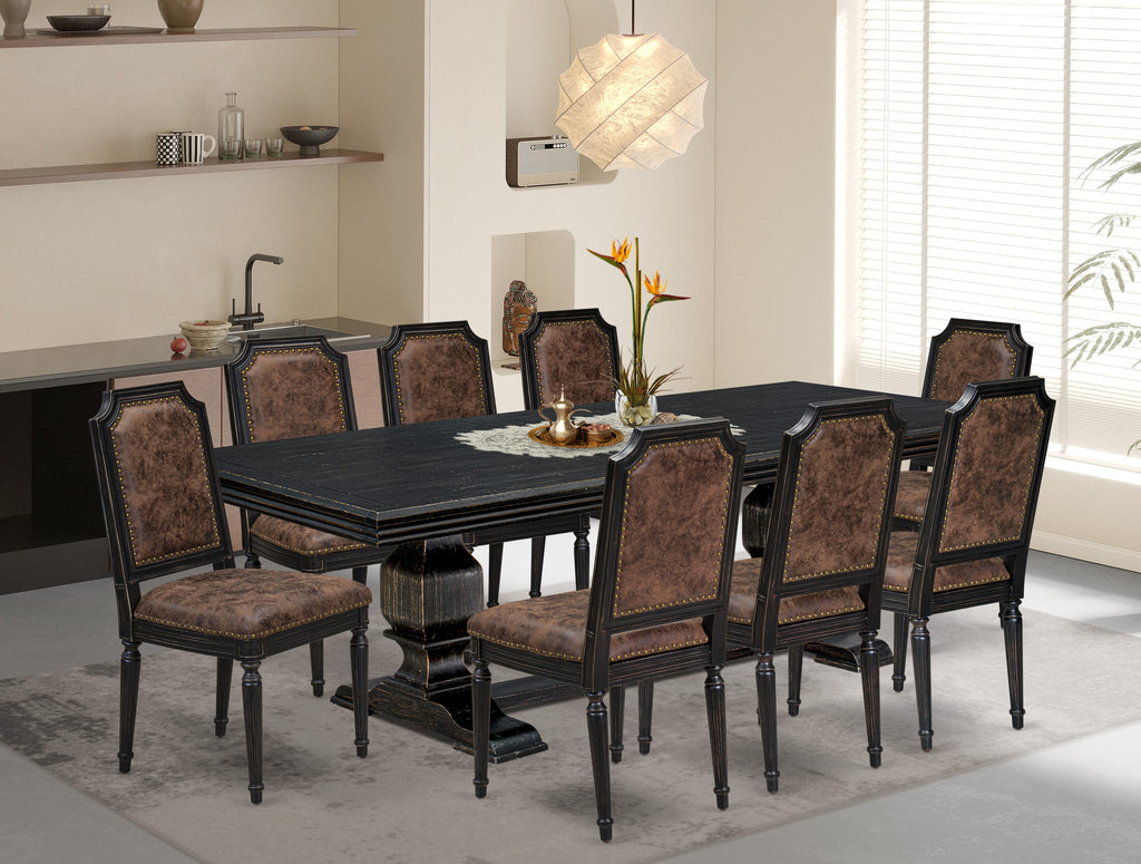 Luxe by East West Furniture NKTY9-SBB-33 9-piece Dining Table Set consists of a Dining Table and 8 Brown Textured PU Leather Kitchen Chairs with High Back-Sand Blasting Black Finish
