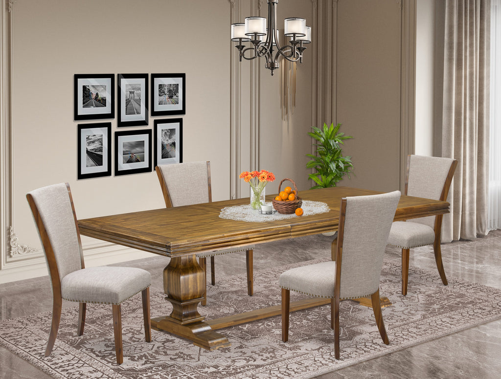 Luxe by East West Furniture NKVE5-AWA-04 5-piece Kitchen Table Set consists of a Dining Table and 4 Light Tan Linen Fabric Dinner Chairs with Button tufted Back - Antique Walnut Finish