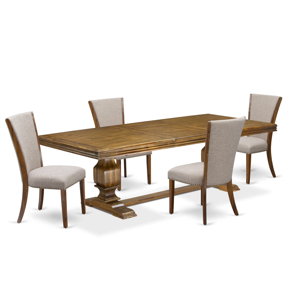 Luxe by East West Furniture NKVE5-AWA-04 5-piece Kitchen Table Set consists of a Dining Table and 4 Light Tan Linen Fabric Dinner Chairs with Button tufted Back - Antique Walnut Finish