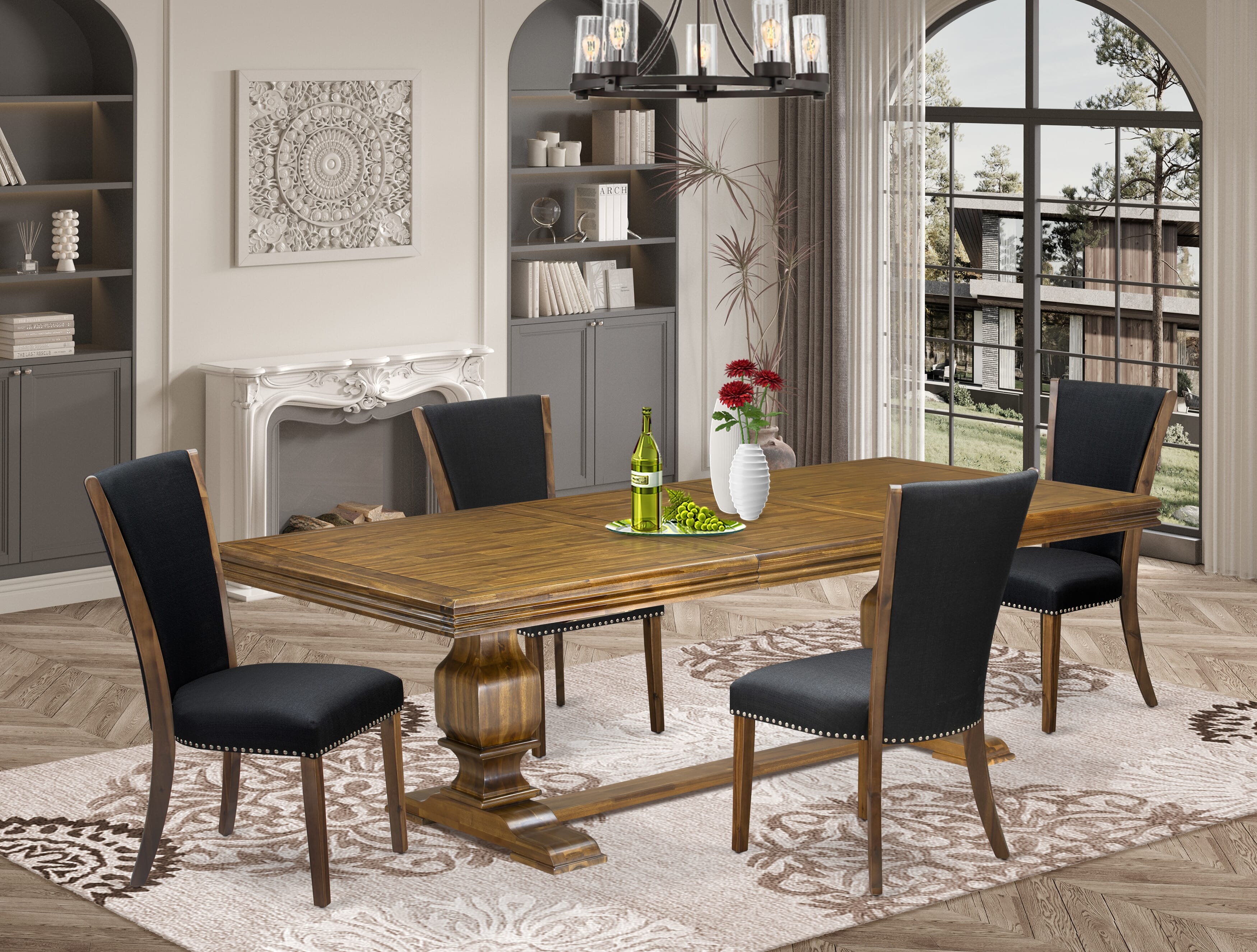 Luxe by East West Furniture NKVE5-AWA-24 5-piece Kitchen Table Set includes a Modern Dining Table and 4 Black Linen Fabric Dining room Chairs with Button tufted Back - Antique Walnut Finish