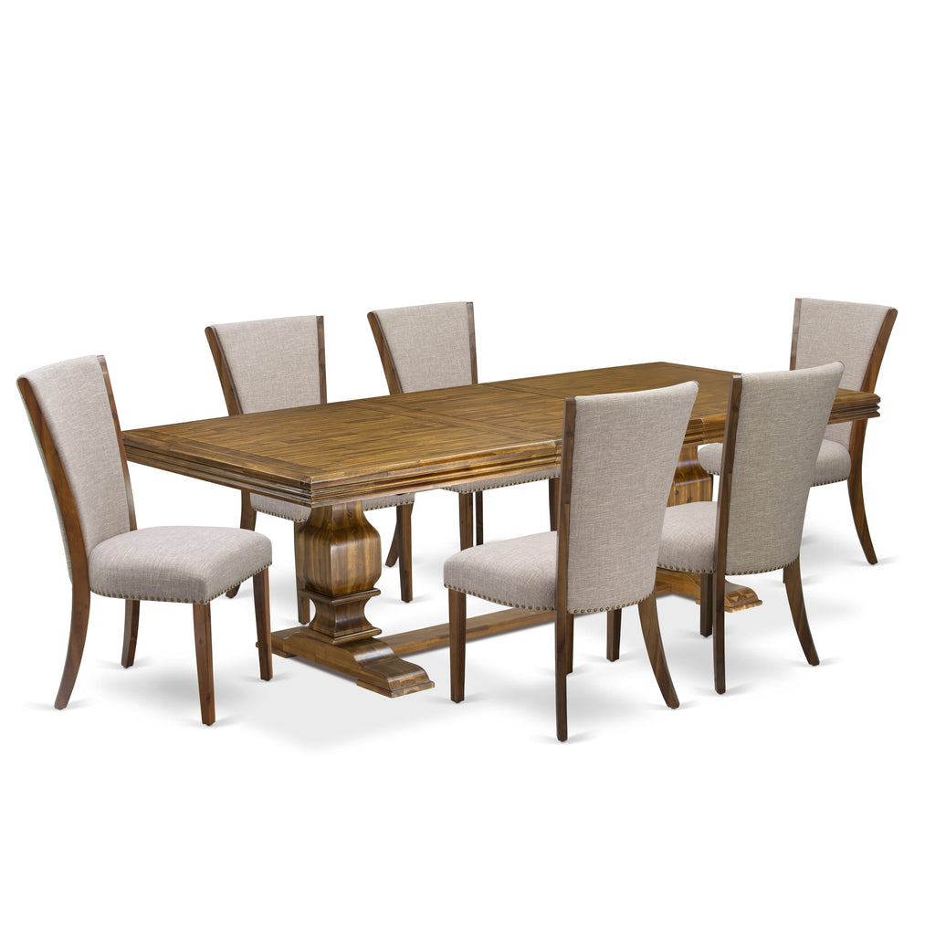Luxe by East West Furniture NKVE7-AWA-04 7-piece Dining Table Set includes a Modern Dining Table and 6 Light Tan Linen Fabric Kitchen Chairs with Button tufted Back - Antique Walnut Finish