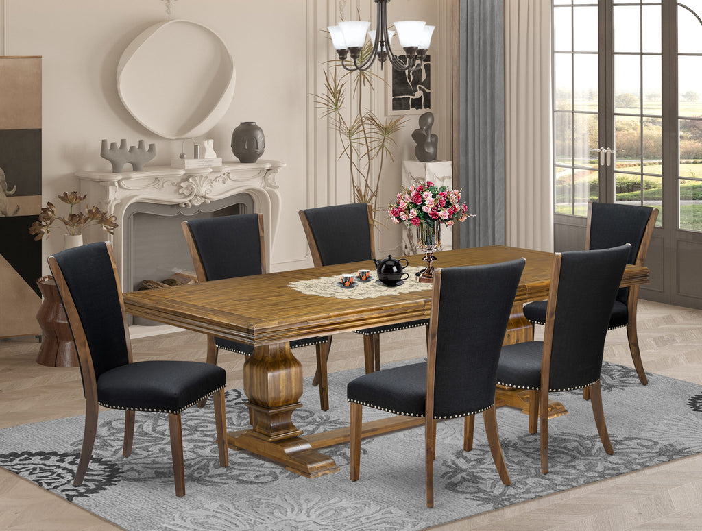 Luxe by East West Furniture NKVE7-AWA-24 7-piece Mid-Century Dining Table Set consists of a Dining Table and 6 Black Linen Fabric Kitchen Chairs with Button tufted Back - Antique Walnut Finish