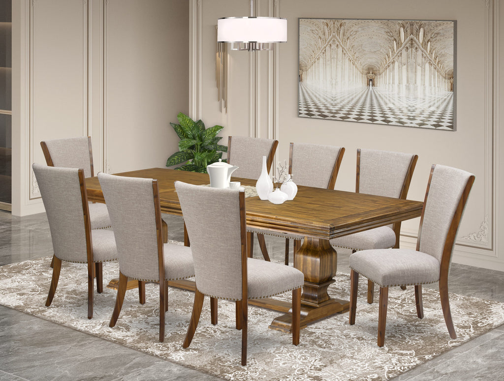 Luxe by East West Furniture NKVE9-AWA-04 9-piece Modern Dining Table Set includes a Kitchen Table and 8 Light Tan Linen Fabric Dining room Chairs with Button tufted Back - Antique Walnut Finish