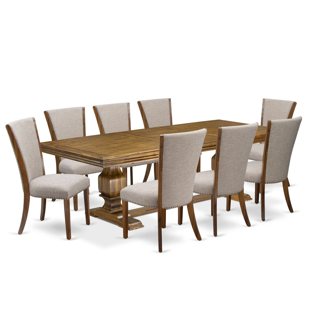 Luxe by East West Furniture NKVE9-AWA-04 9-piece Modern Dining Table Set includes a Kitchen Table and 8 Light Tan Linen Fabric Dining room Chairs with Button tufted Back - Antique Walnut Finish