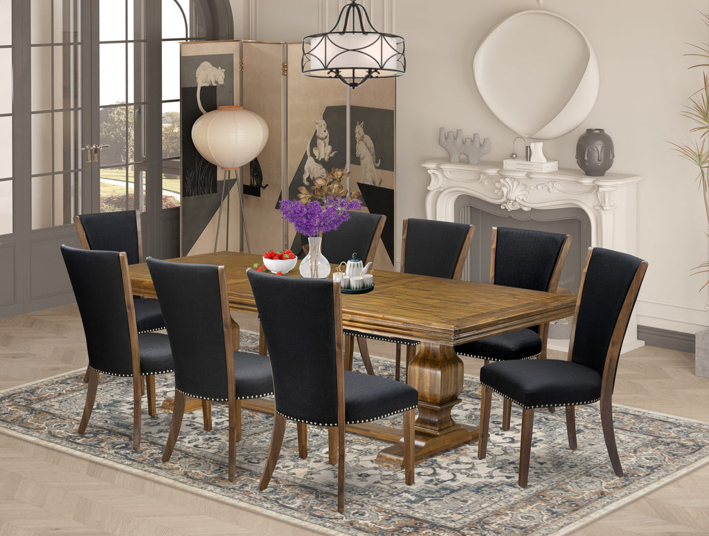 Luxe by East West Furniture NKVE9-AWA-24 9-piece Dining Table Set includes a Kitchen Table and 8 Black Linen Fabric Dining room Chairs with Button tufted Back - Antique Walnut Finish