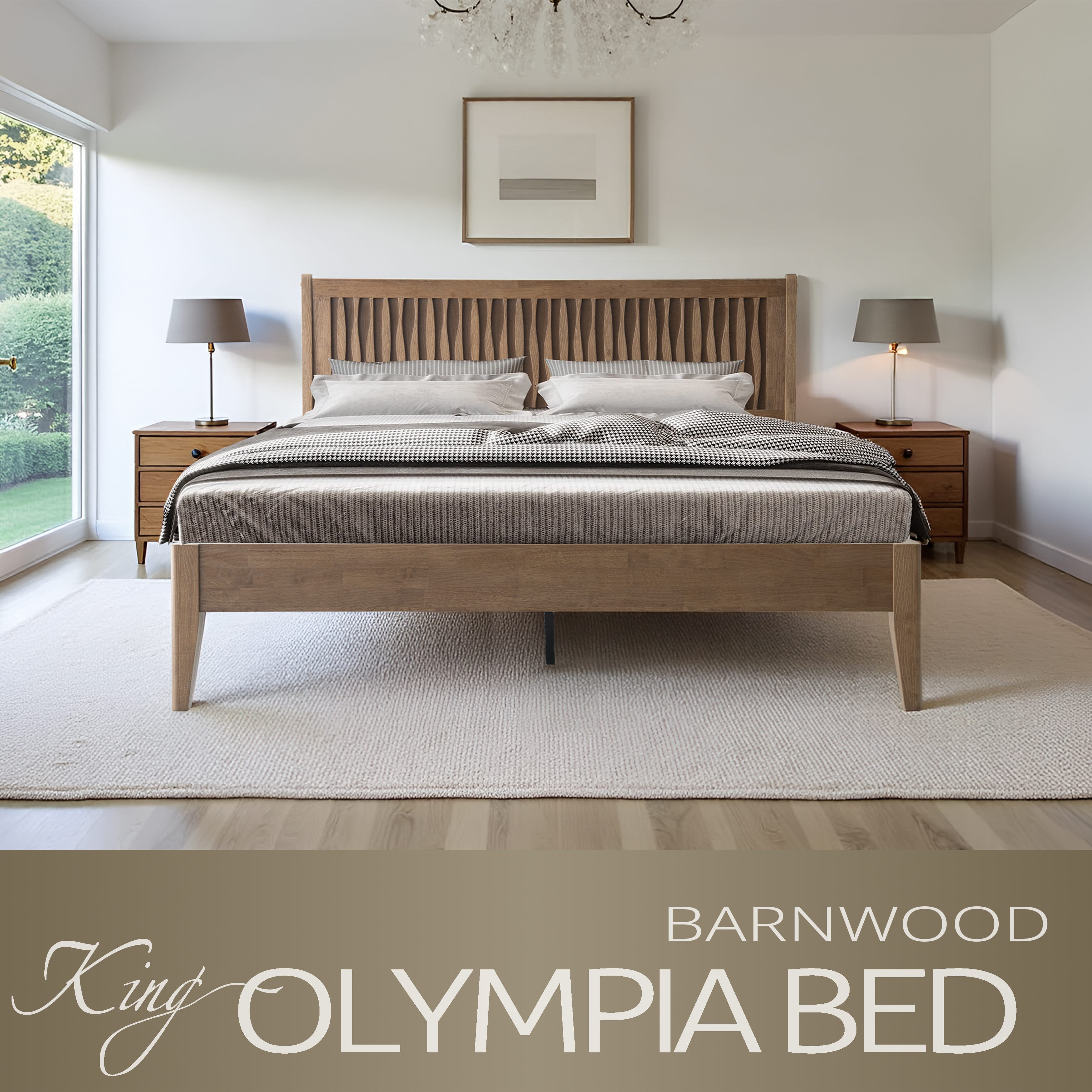 King Size Bed Frame, Solid Wood Platform Bed with Headboard & Footboard, 12 Sturdy Slatted, Central Metal Legs, Easy Assembly, Noise & Anti-Slip, No Box Spring Needed, Barnwood Finish, OLK-30