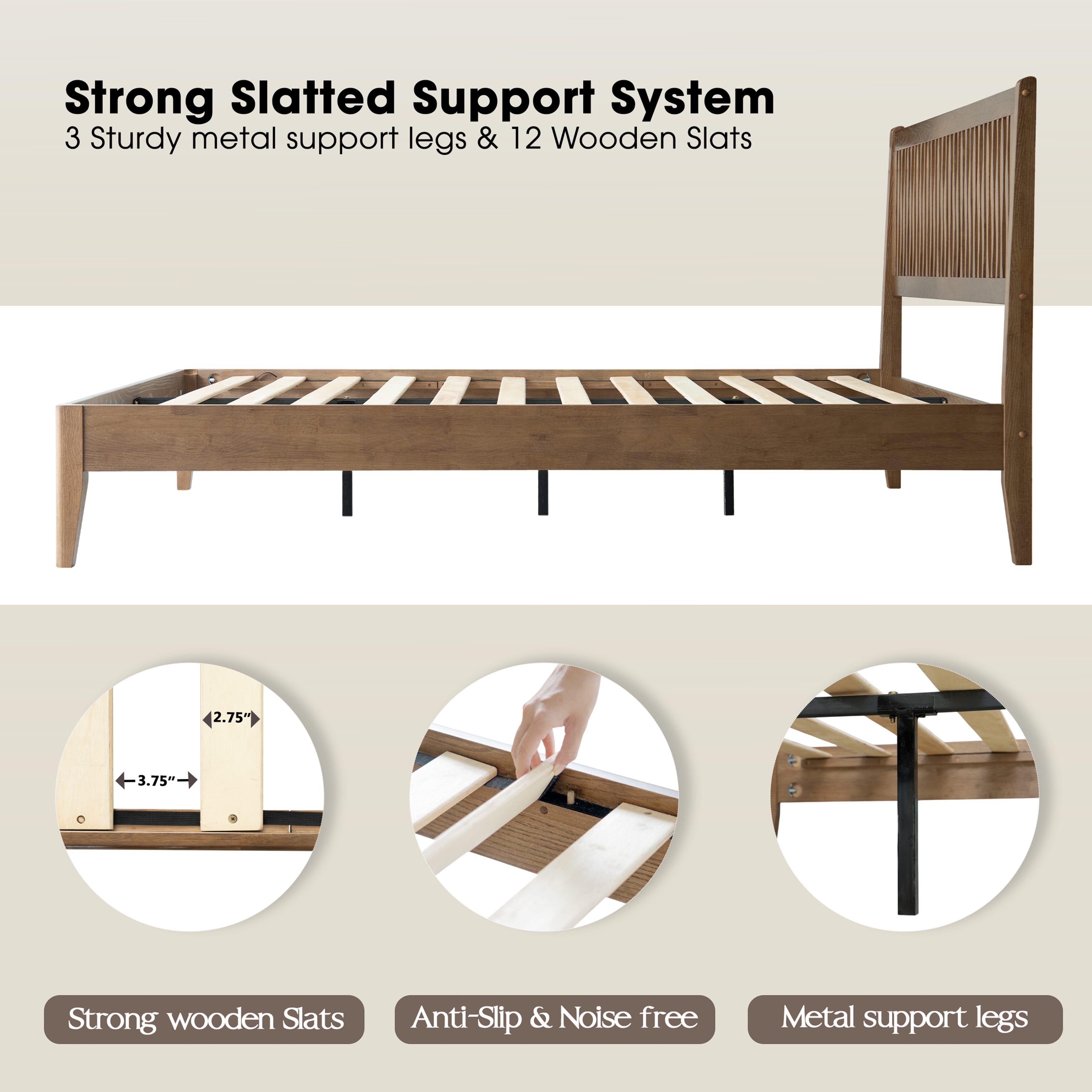 King Size Bed Frame, Solid Wood Platform Bed with Headboard & Footboard, 12 Sturdy Slatted, Central Metal Legs, Easy Assembly, Noise & Anti-Slip, No Box Spring Needed, Barnwood Finish, OLK-30