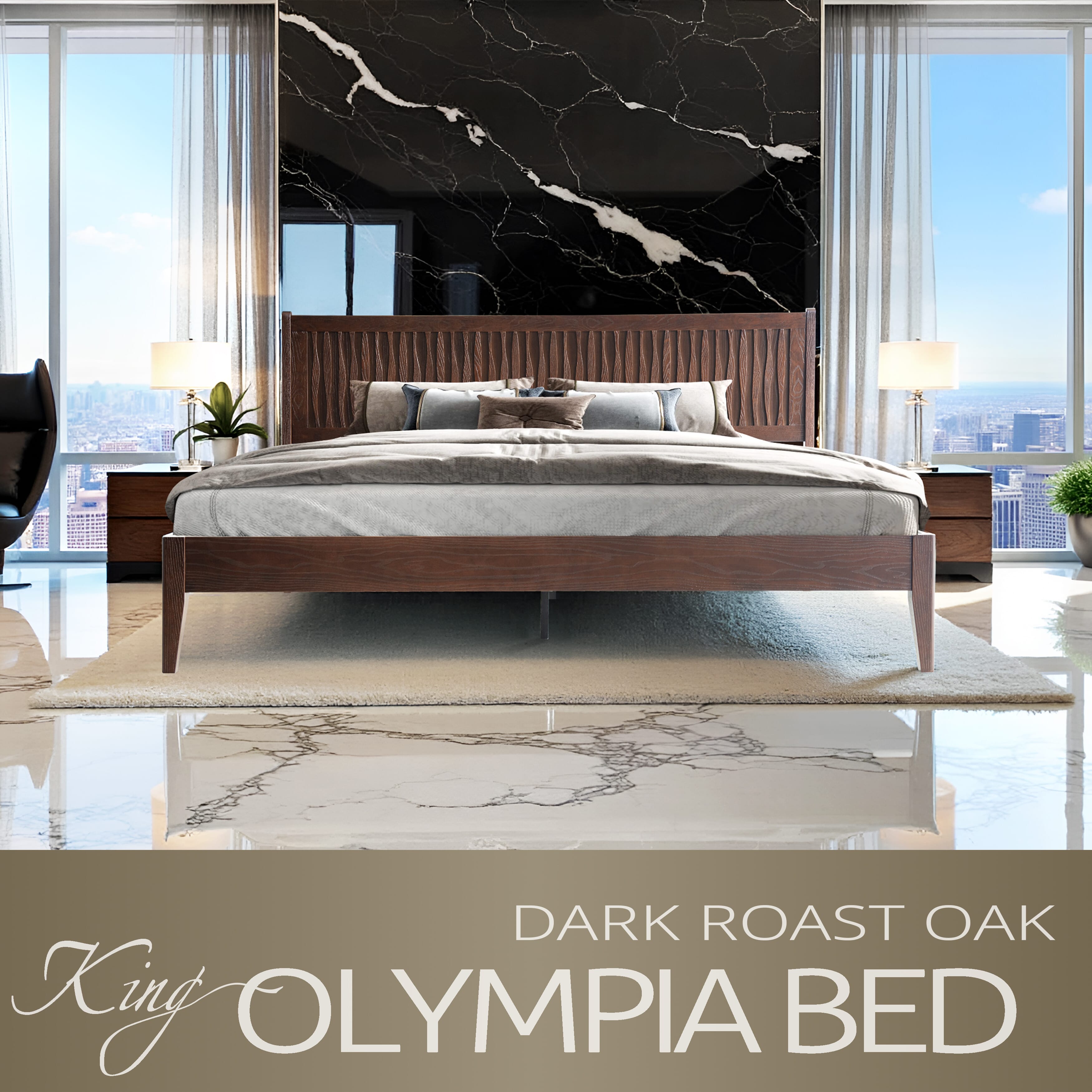 King Size Solid Wood Platform Bed Frame with Headboard & Footboard, 12 Sturdy Slats, Center Metal Legs, Under-Bed Storage, Anti-Noise & Slip-Free, Easy Assembly, Dark Roast Oak Finish, OLK-32