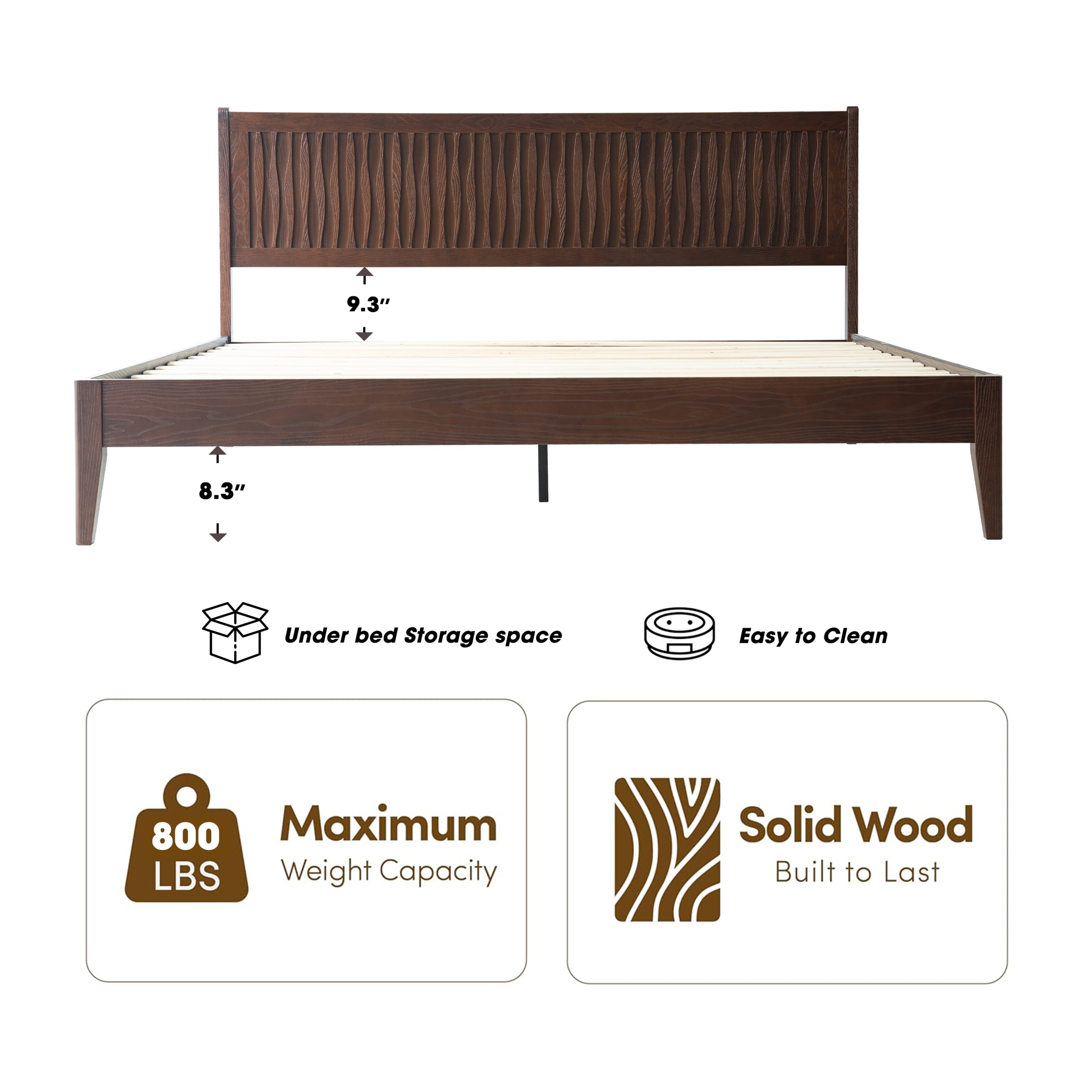 King Size Solid Wood Platform Bed Frame with Headboard & Footboard, 12 Sturdy Slats, Center Metal Legs, Under-Bed Storage, Anti-Noise & Slip-Free, Easy Assembly, Dark Roast Oak Finish, OLK-32