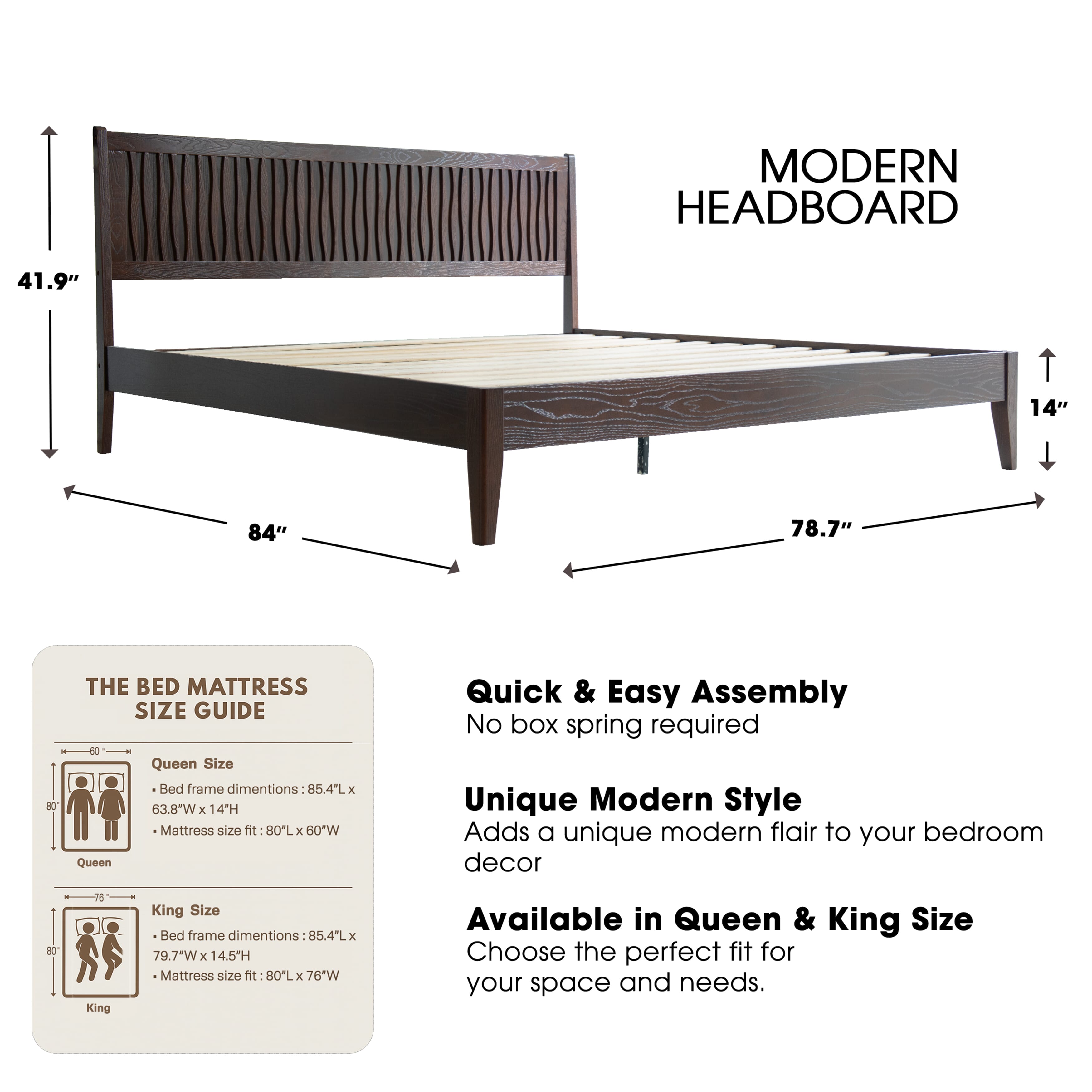 King Size Solid Wood Platform Bed Frame with Headboard & Footboard, 12 Sturdy Slats, Center Metal Legs, Under-Bed Storage, Anti-Noise & Slip-Free, Easy Assembly, Dark Roast Oak Finish, OLK-32