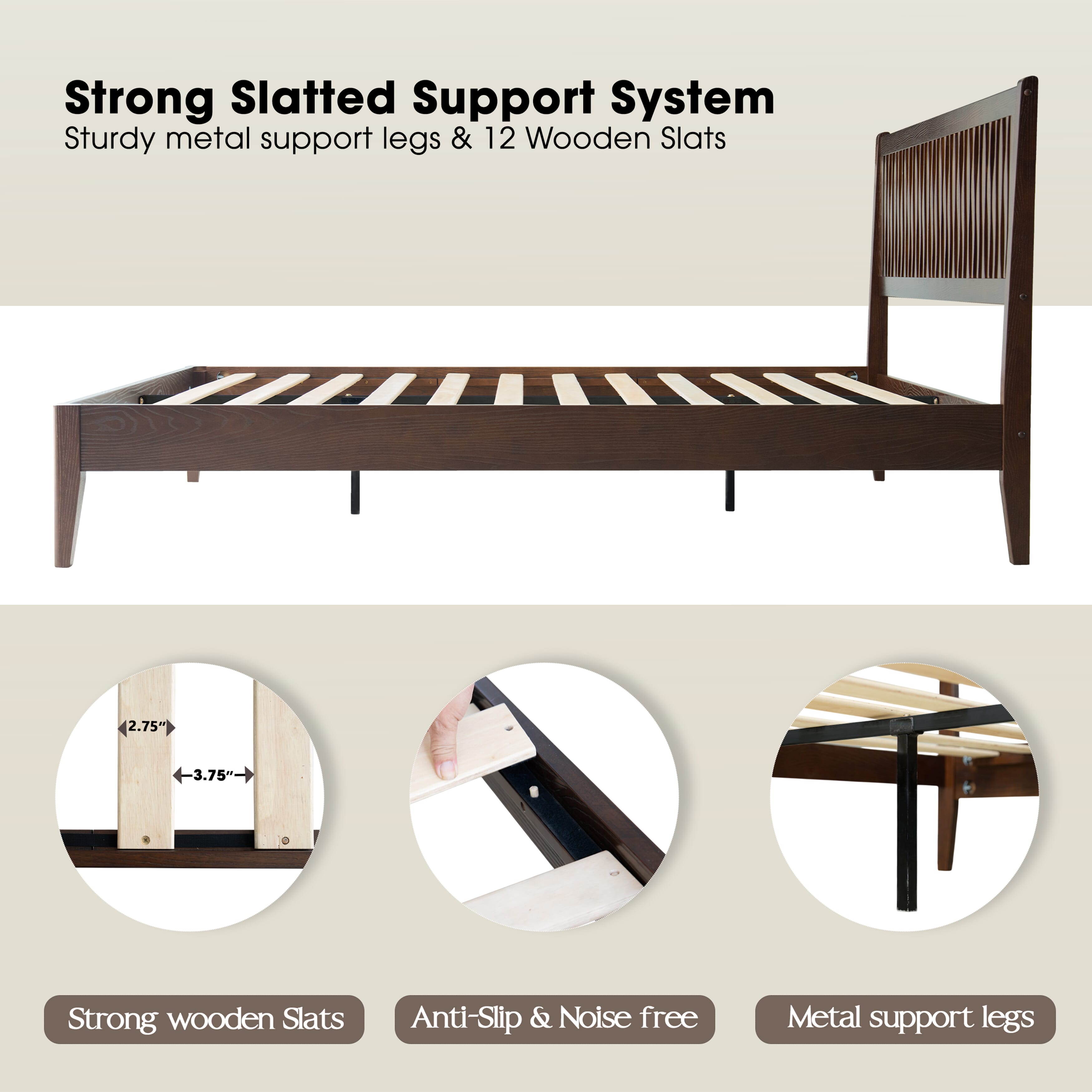 King Size Solid Wood Platform Bed Frame with Headboard & Footboard, 12 Sturdy Slats, Center Metal Legs, Under-Bed Storage, Anti-Noise & Slip-Free, Easy Assembly, Dark Roast Oak Finish, OLK-32