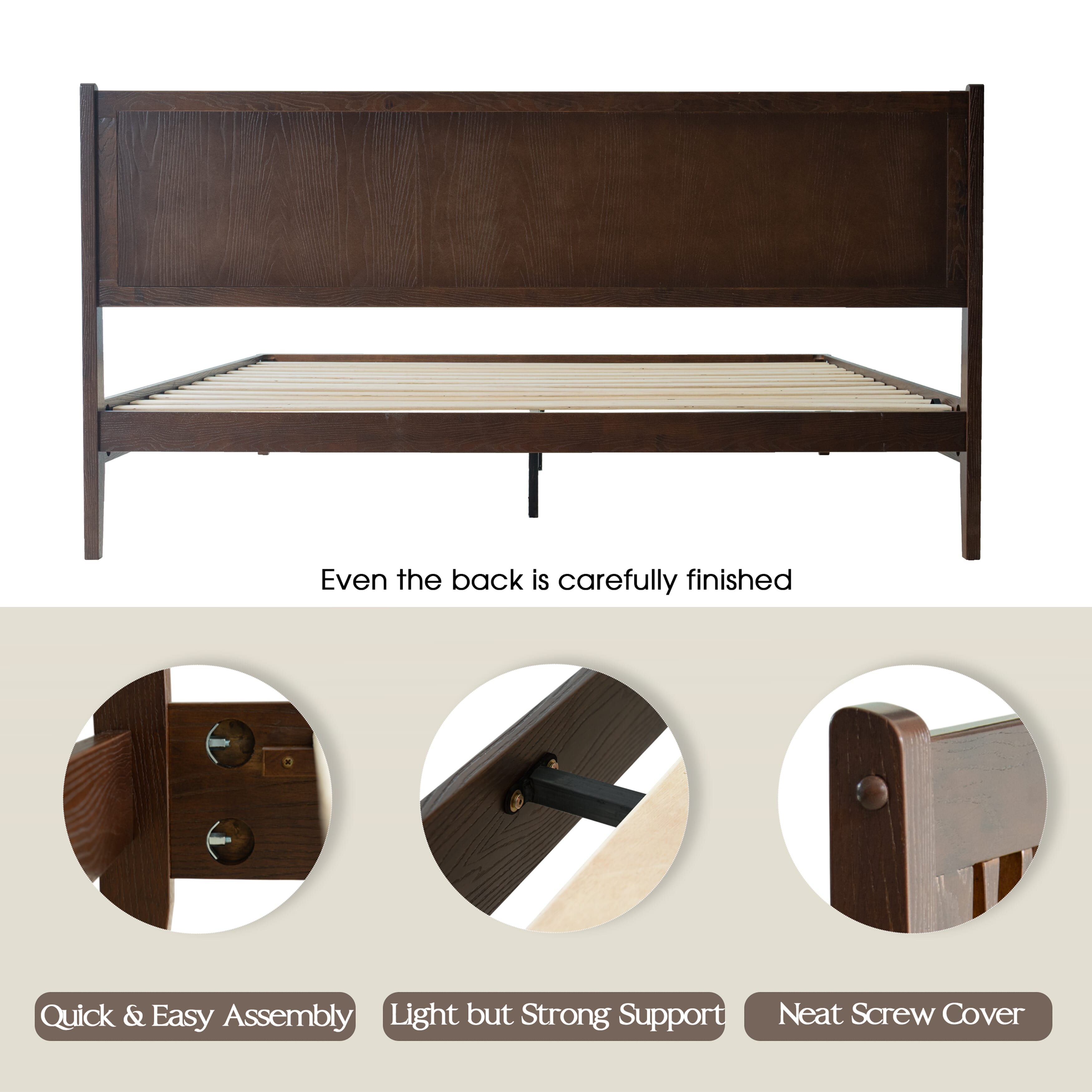 King Size Solid Wood Platform Bed Frame with Headboard & Footboard, 12 Sturdy Slats, Center Metal Legs, Under-Bed Storage, Anti-Noise & Slip-Free, Easy Assembly, Dark Roast Oak Finish, OLK-32