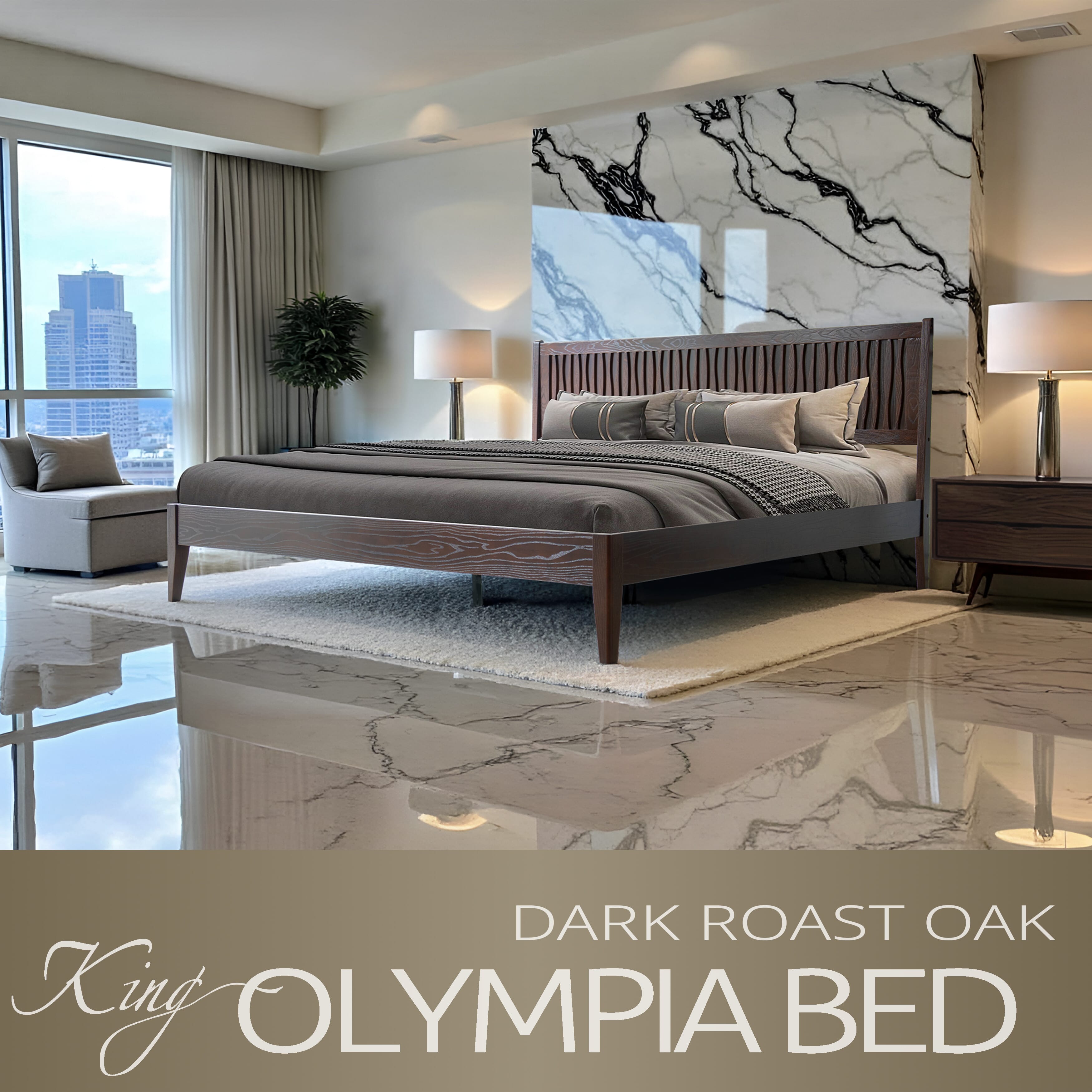King Size Solid Wood Platform Bed Frame with Headboard & Footboard, 12 Sturdy Slats, Center Metal Legs, Under-Bed Storage, Anti-Noise & Slip-Free, Easy Assembly, Dark Roast Oak Finish, OLK-32