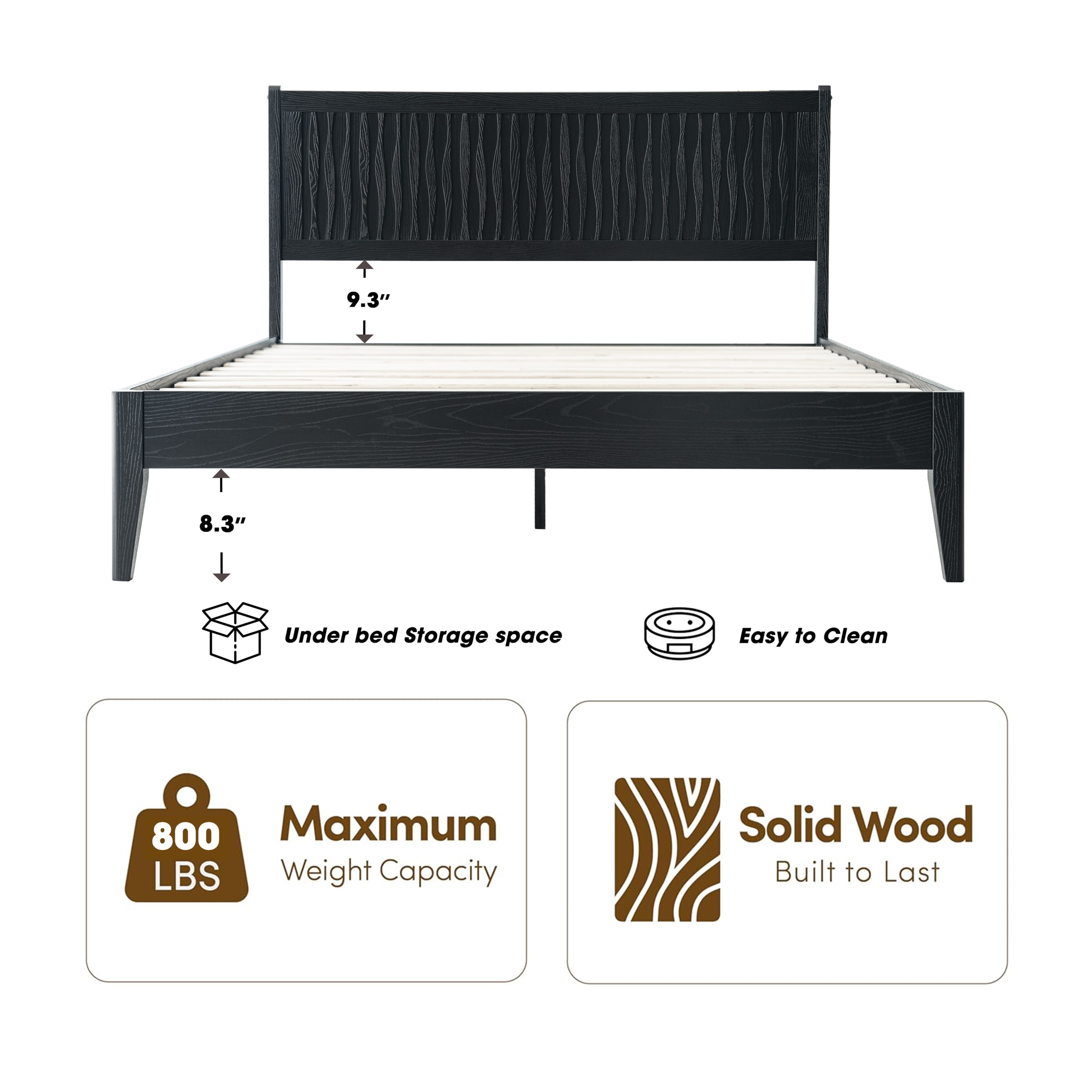 King Size Platform Bed Frame, Solid Wood Bed with Headboard & Footboard, 12 Sturdy Slats with Center Metal Legs, No Box Spring Needed, Noise-Free & Anti-Slip, Easy Assembly, Ebony Oak Finish, OLK-35