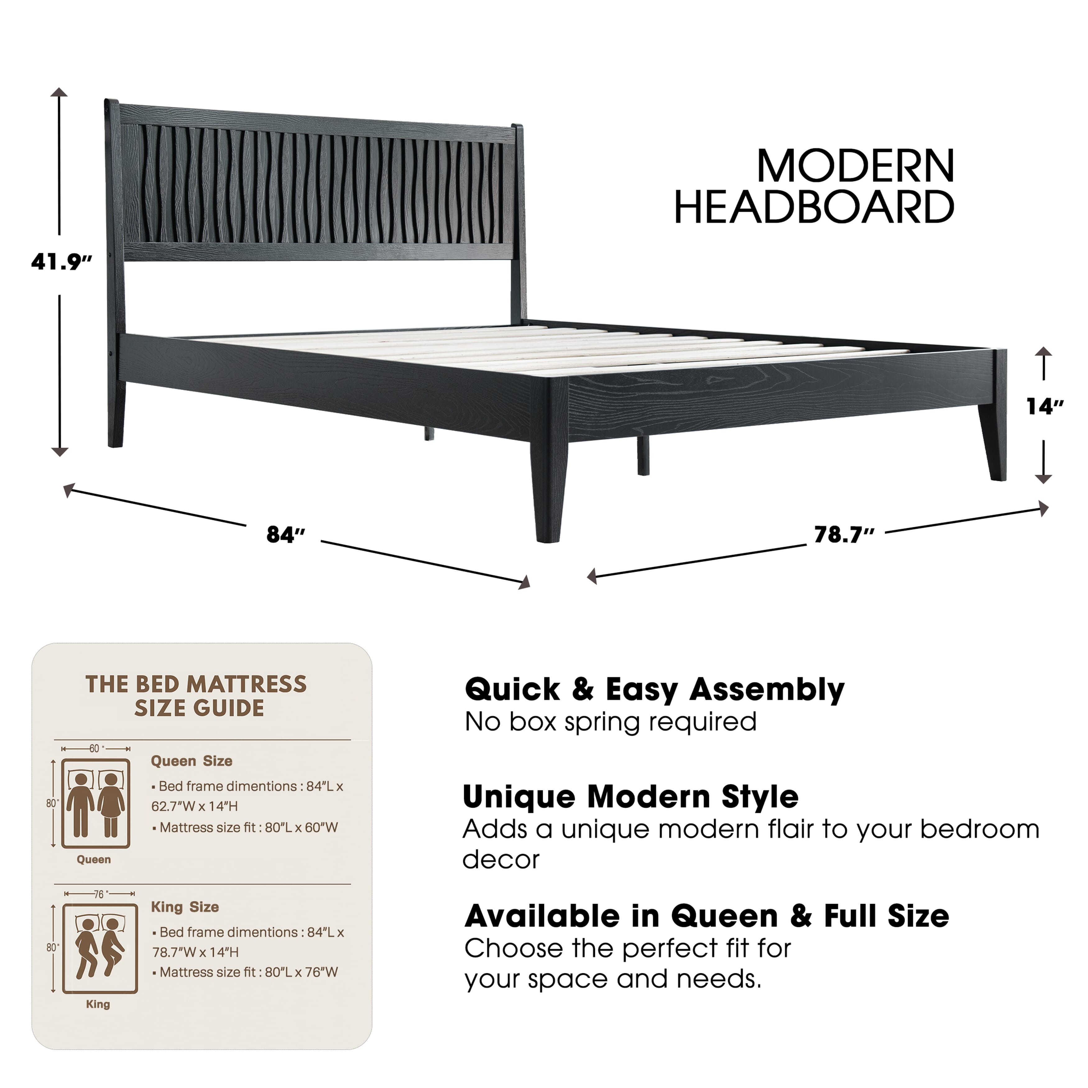 King Size Platform Bed Frame, Solid Wood Bed with Headboard & Footboard, 12 Sturdy Slats with Center Metal Legs, No Box Spring Needed, Noise-Free & Anti-Slip, Easy Assembly, Ebony Oak Finish, OLK-35