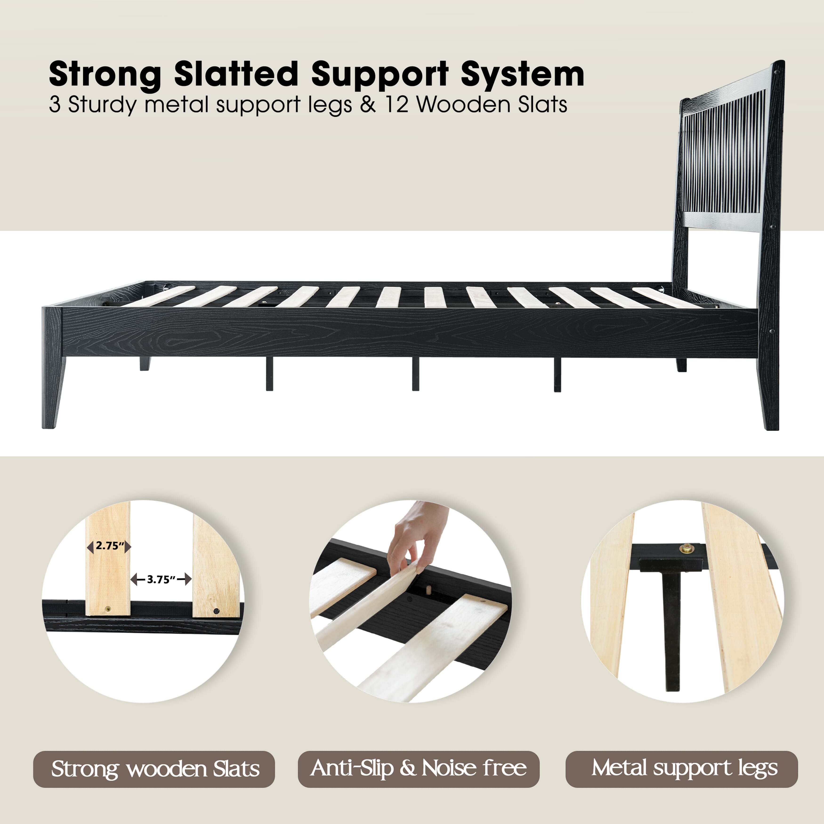 King Size Platform Bed Frame, Solid Wood Bed with Headboard & Footboard, 12 Sturdy Slats with Center Metal Legs, No Box Spring Needed, Noise-Free & Anti-Slip, Easy Assembly, Ebony Oak Finish, OLK-35