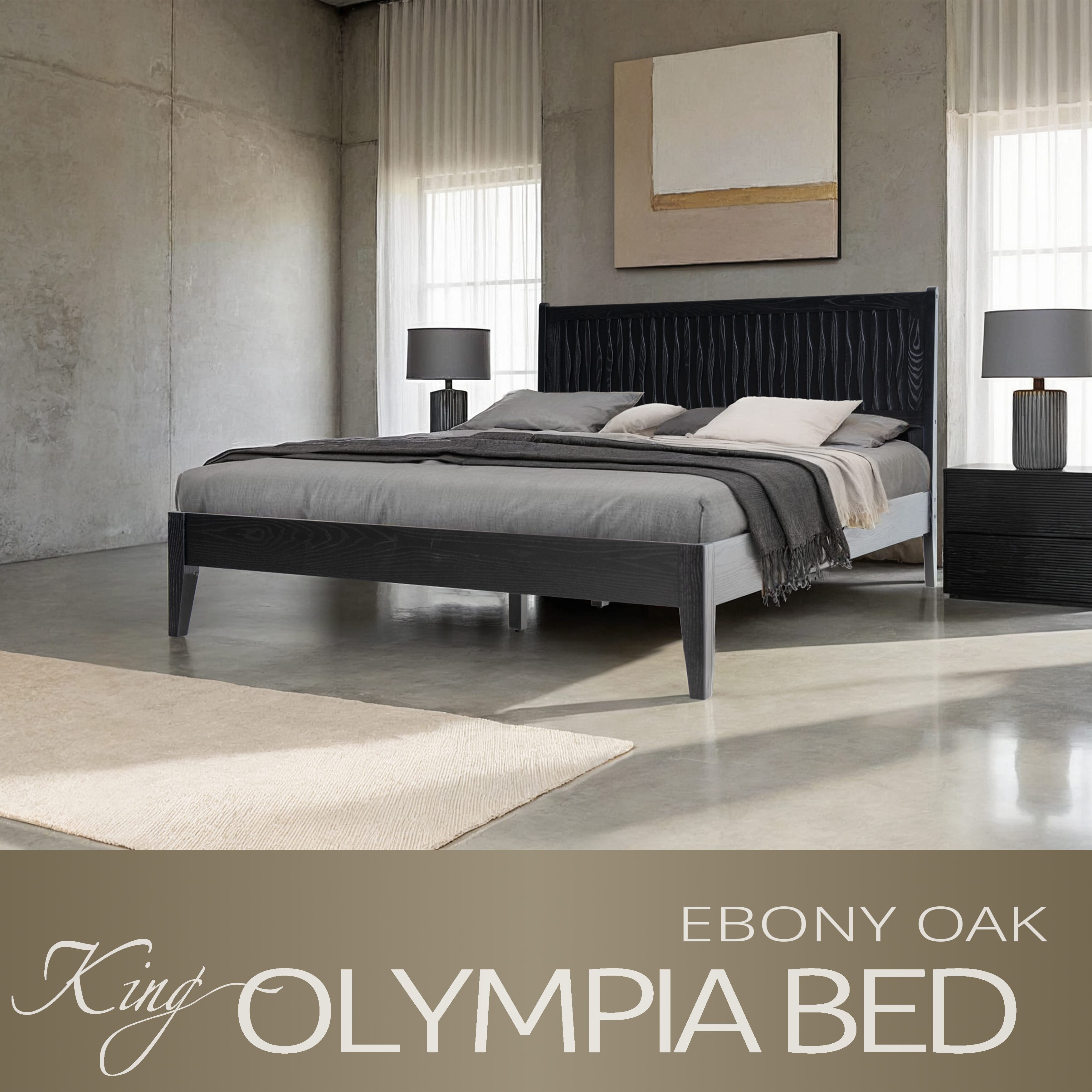 King Size Platform Bed Frame, Solid Wood Bed with Headboard & Footboard, 12 Sturdy Slats with Center Metal Legs, No Box Spring Needed, Noise-Free & Anti-Slip, Easy Assembly, Ebony Oak Finish, OLK-35