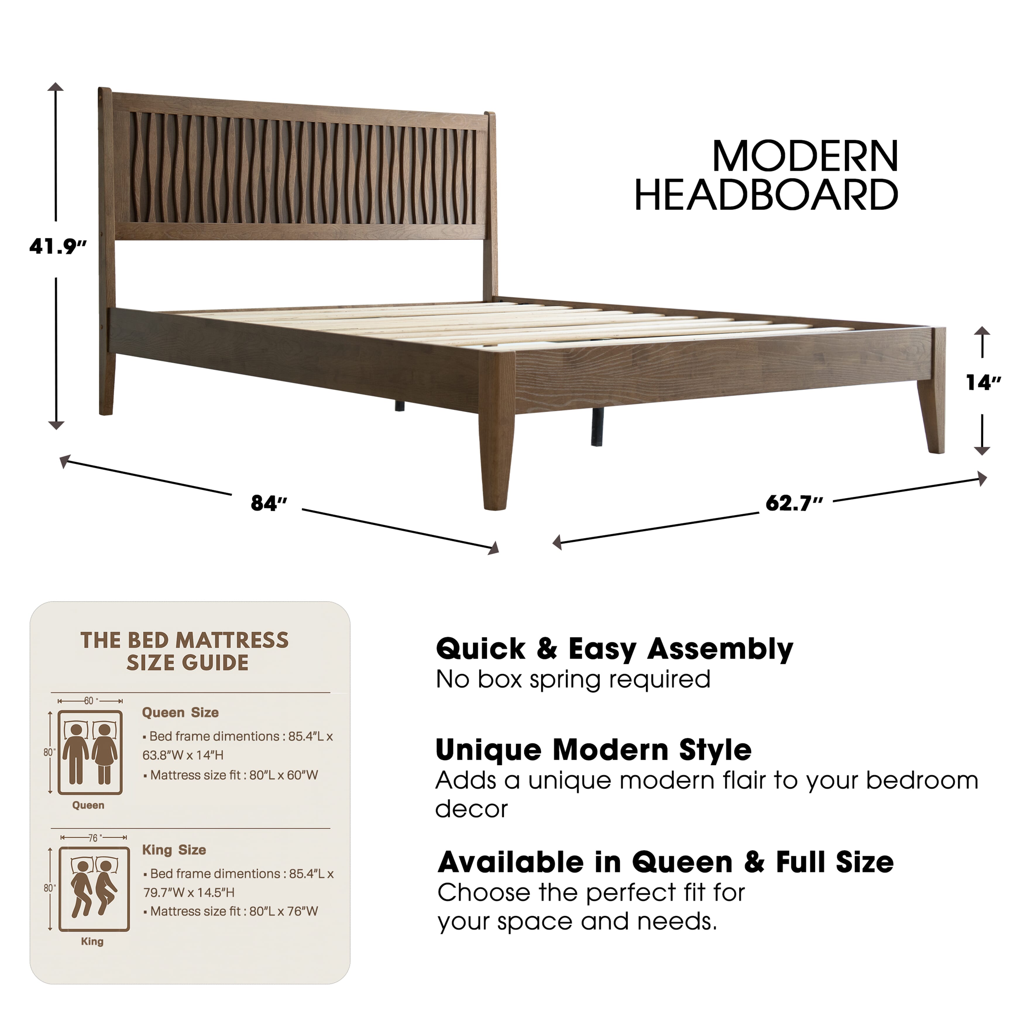 Queen Size Bed Frame with Headboard & Footboard Solid Wood Platform Bed, Metal Legs, 12 Sturdy Slatted Structure, No Box Spring Needed, Anti-Noise & Slip-Free, Easy Assembly, Barnwood Finish, OLQ-30