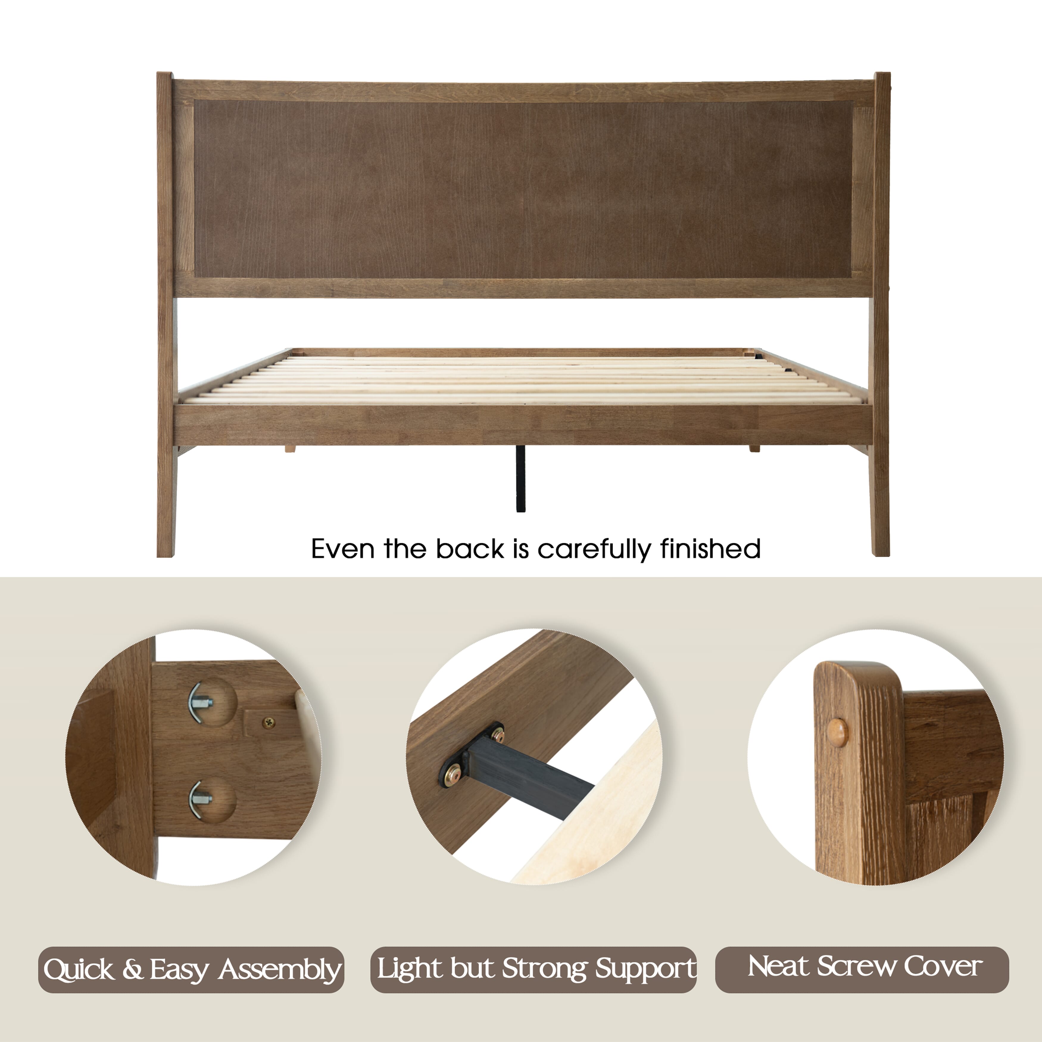 Queen Size Bed Frame with Headboard & Footboard Solid Wood Platform Bed, Metal Legs, 12 Sturdy Slatted Structure, No Box Spring Needed, Anti-Noise & Slip-Free, Easy Assembly, Barnwood Finish, OLQ-30