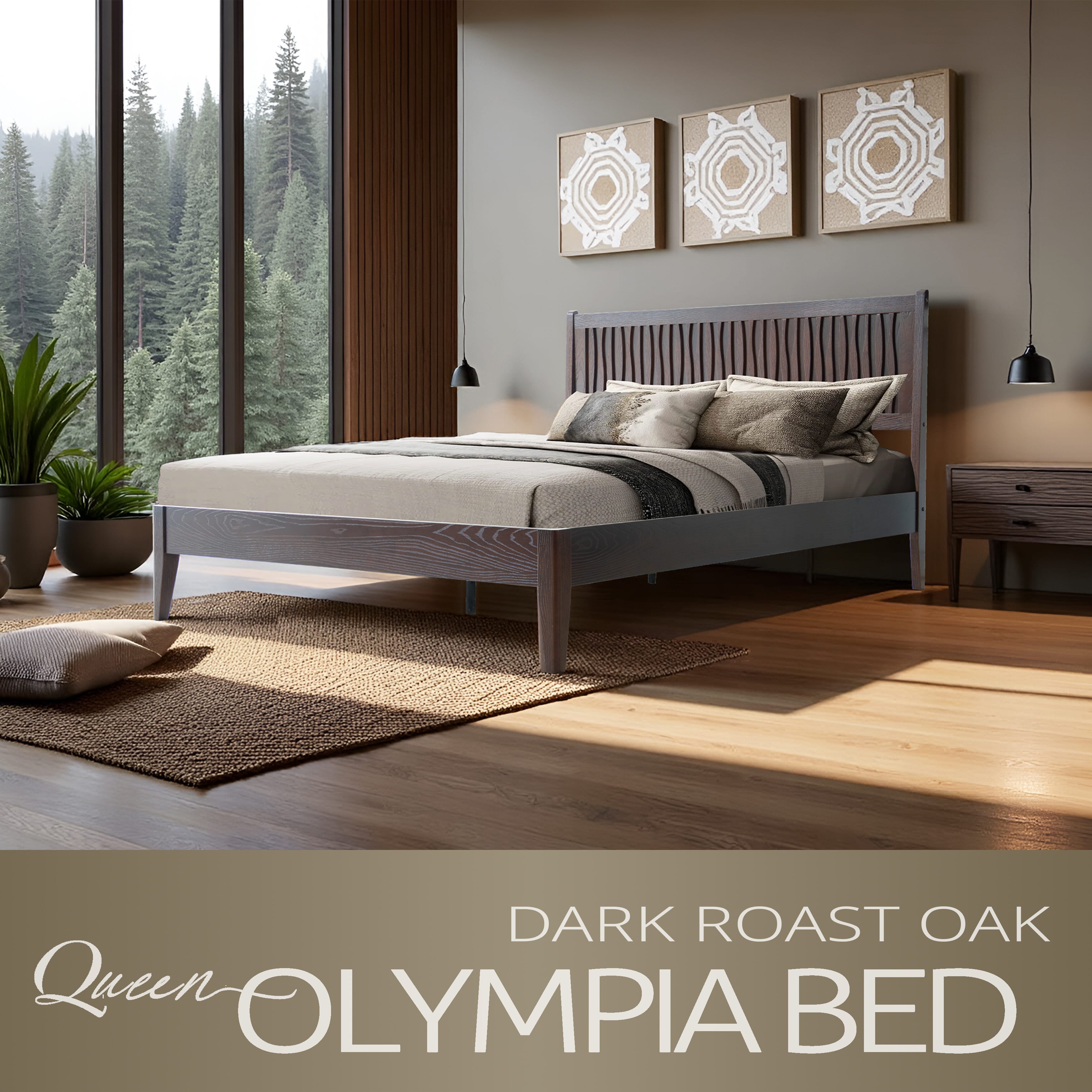 Queen Size Bed Frame with Headboard & Footboard, Solid Wood Platform Bed, Central Metal Legs, 12 Sturdy Slats, Under Bed Storage, Easy Assembly, Noise-Free & Anti-Slip, Dark Roast Oak Finish, OLQ-32