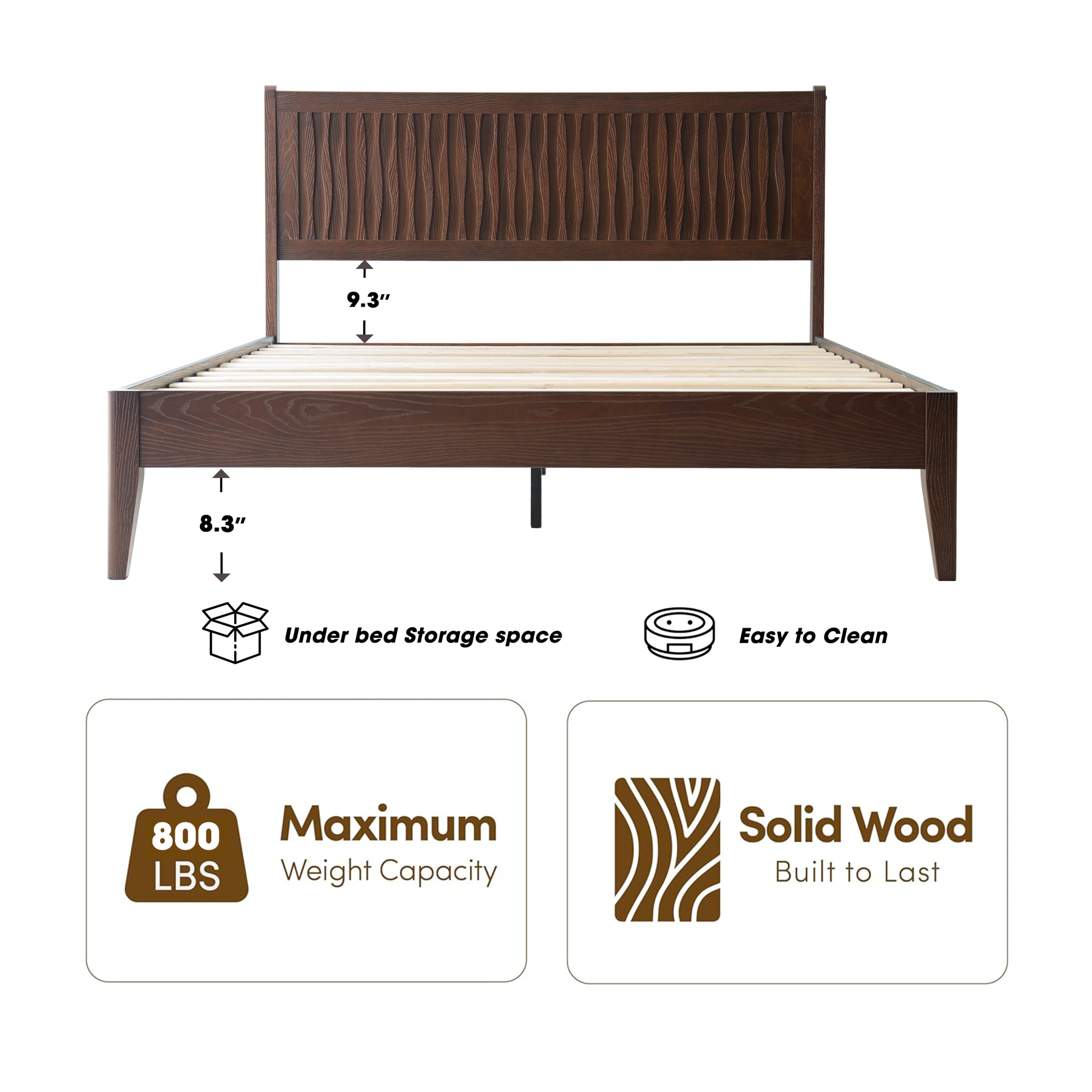 Queen Size Bed Frame with Headboard & Footboard, Solid Wood Platform Bed, Central Metal Legs, 12 Sturdy Slats, Under Bed Storage, Easy Assembly, Noise-Free & Anti-Slip, Dark Roast Oak Finish, OLQ-32