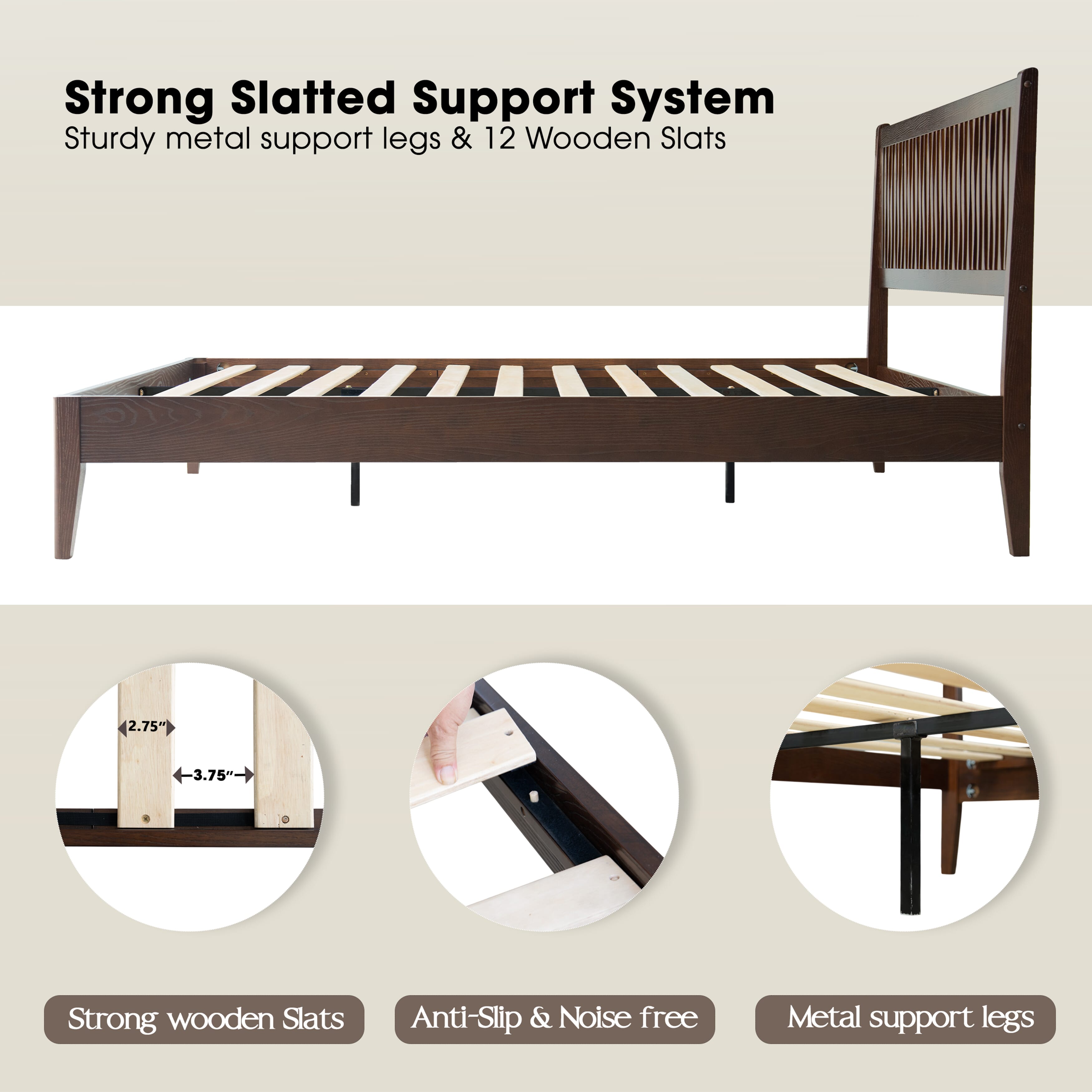 Queen Size Bed Frame with Headboard & Footboard, Solid Wood Platform Bed, Central Metal Legs, 12 Sturdy Slats, Under Bed Storage, Easy Assembly, Noise-Free & Anti-Slip, Dark Roast Oak Finish, OLQ-32