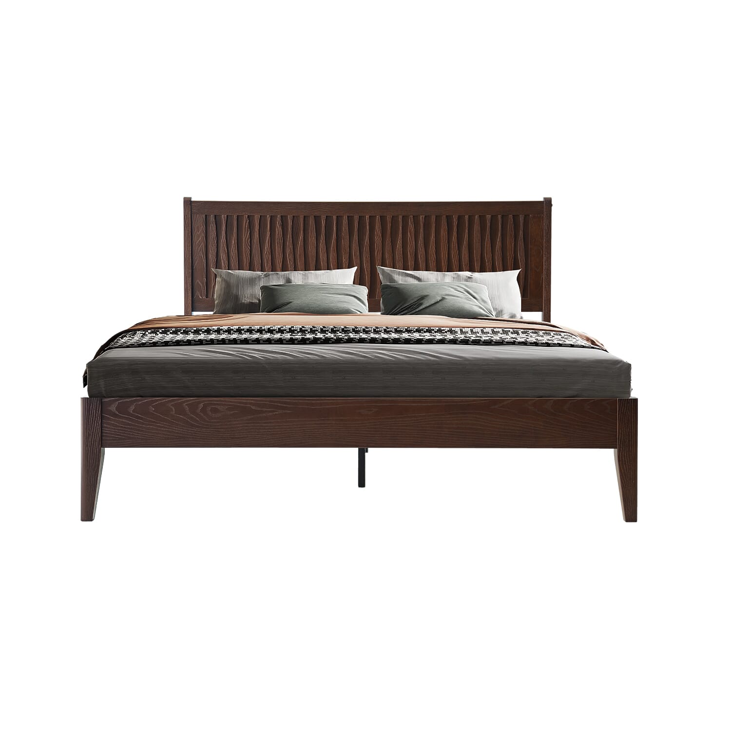 Queen Size Bed Frame with Headboard & Footboard, Solid Wood Platform Bed, Central Metal Legs, 12 Sturdy Slats, Under Bed Storage, Easy Assembly, Noise-Free & Anti-Slip, Dark Roast Oak Finish, OLQ-32