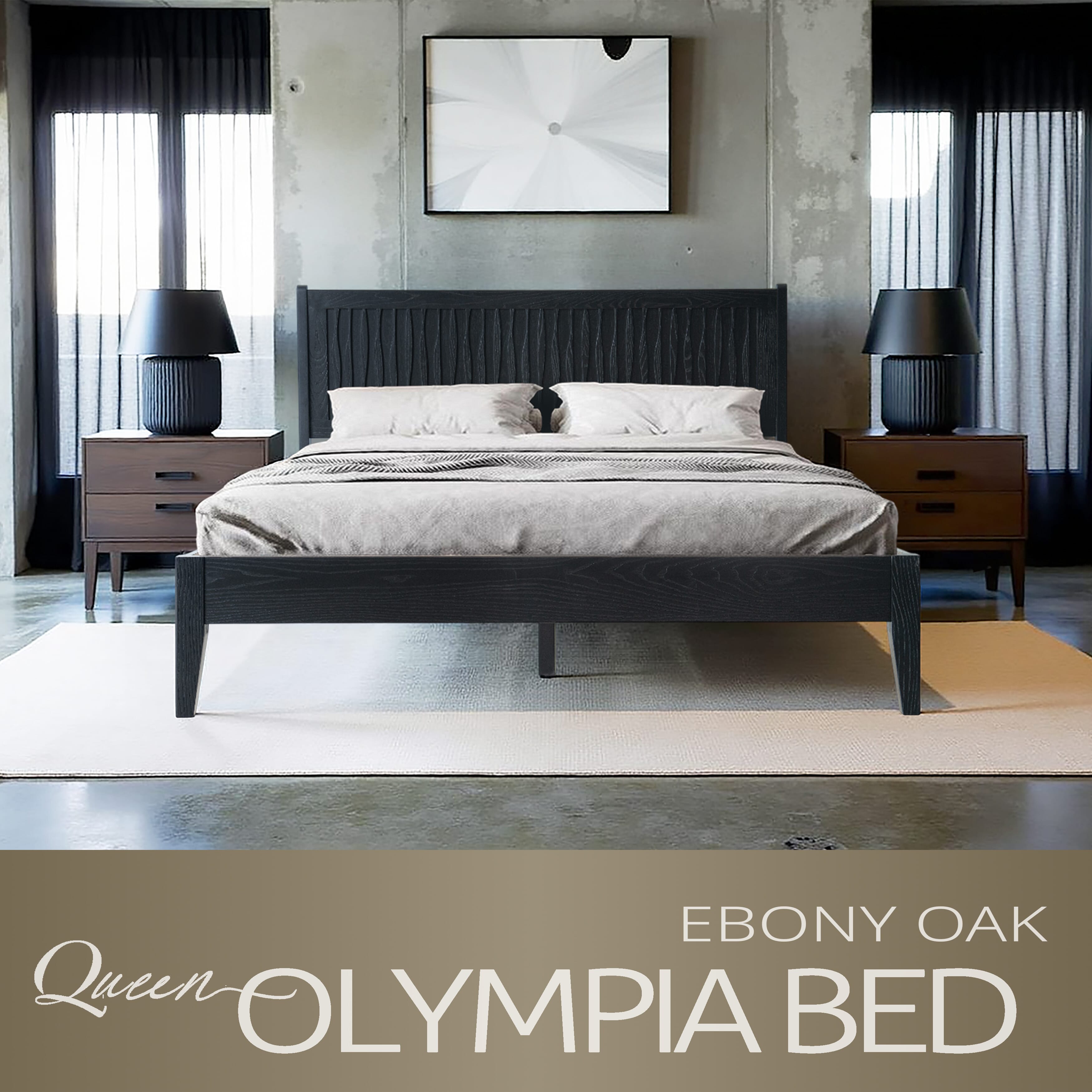 Queen Size Platform Bed Frame, Solid Wood Headboard & Footboard, 12 Sturdy Slatted Structure, Center Metal Legs, No Box Spring Needed, Anti-Noise & Slip-Free, Easy Assembly, Ebony Oak Finish, OLQ-35