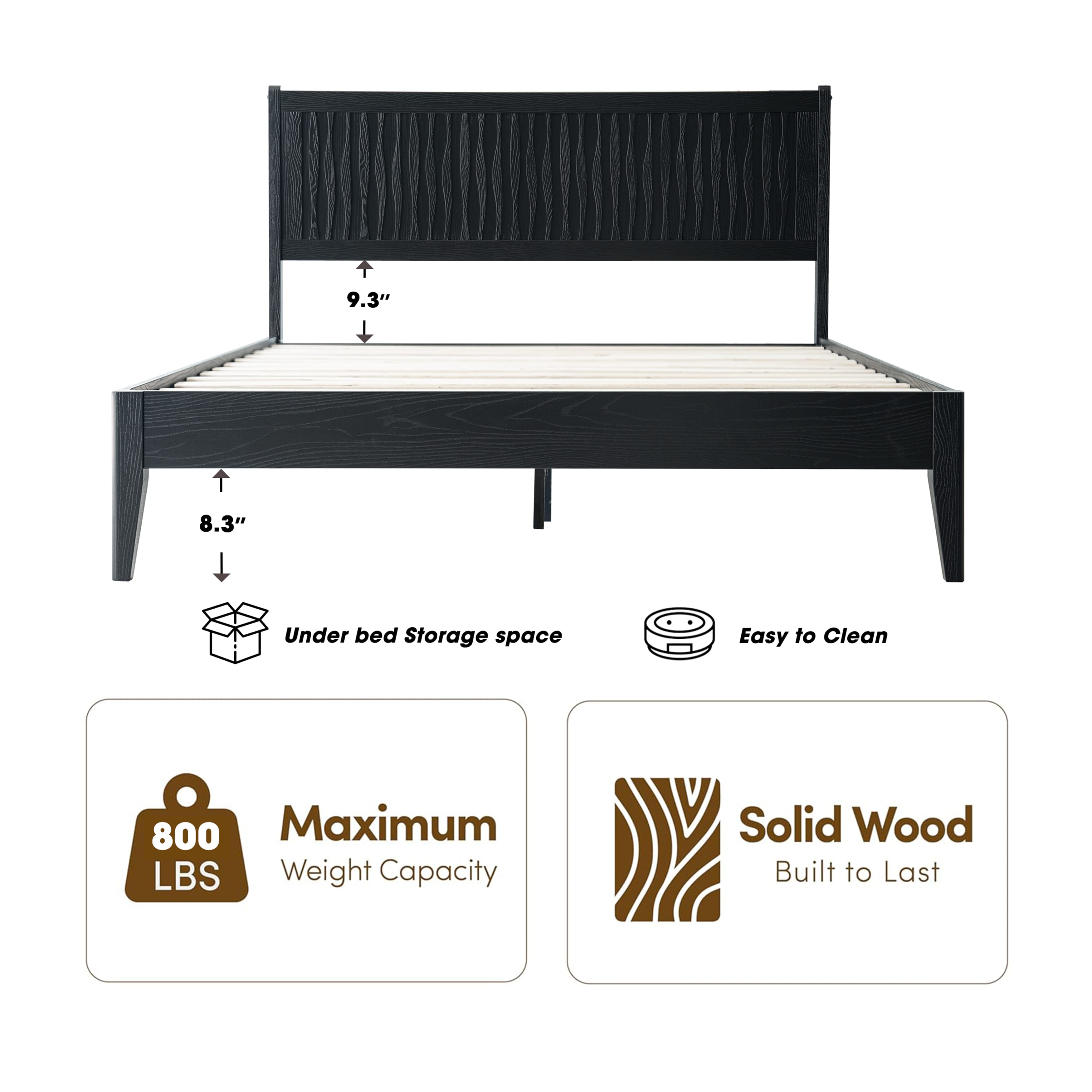 Queen Size Platform Bed Frame, Solid Wood Headboard & Footboard, 12 Sturdy Slatted Structure, Center Metal Legs, No Box Spring Needed, Anti-Noise & Slip-Free, Easy Assembly, Ebony Oak Finish, OLQ-35