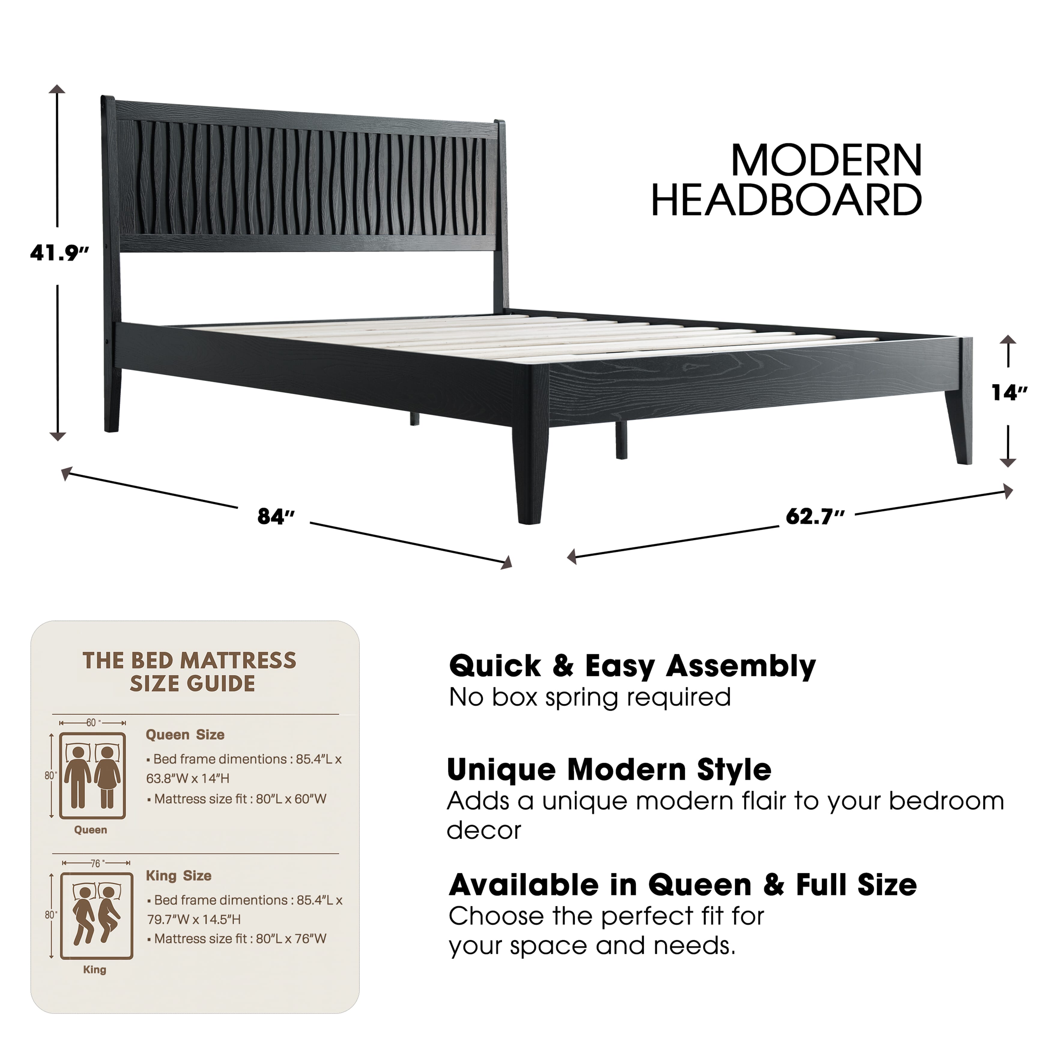 Queen Size Platform Bed Frame, Solid Wood Headboard & Footboard, 12 Sturdy Slatted Structure, Center Metal Legs, No Box Spring Needed, Anti-Noise & Slip-Free, Easy Assembly, Ebony Oak Finish, OLQ-35