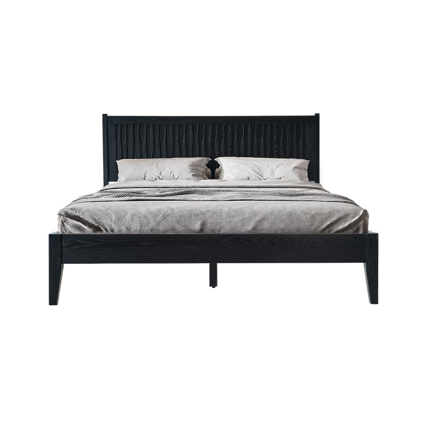 Queen Size Platform Bed Frame, Solid Wood Headboard & Footboard, 12 Sturdy Slatted Structure, Center Metal Legs, No Box Spring Needed, Anti-Noise & Slip-Free, Easy Assembly, Ebony Oak Finish, OLQ-35