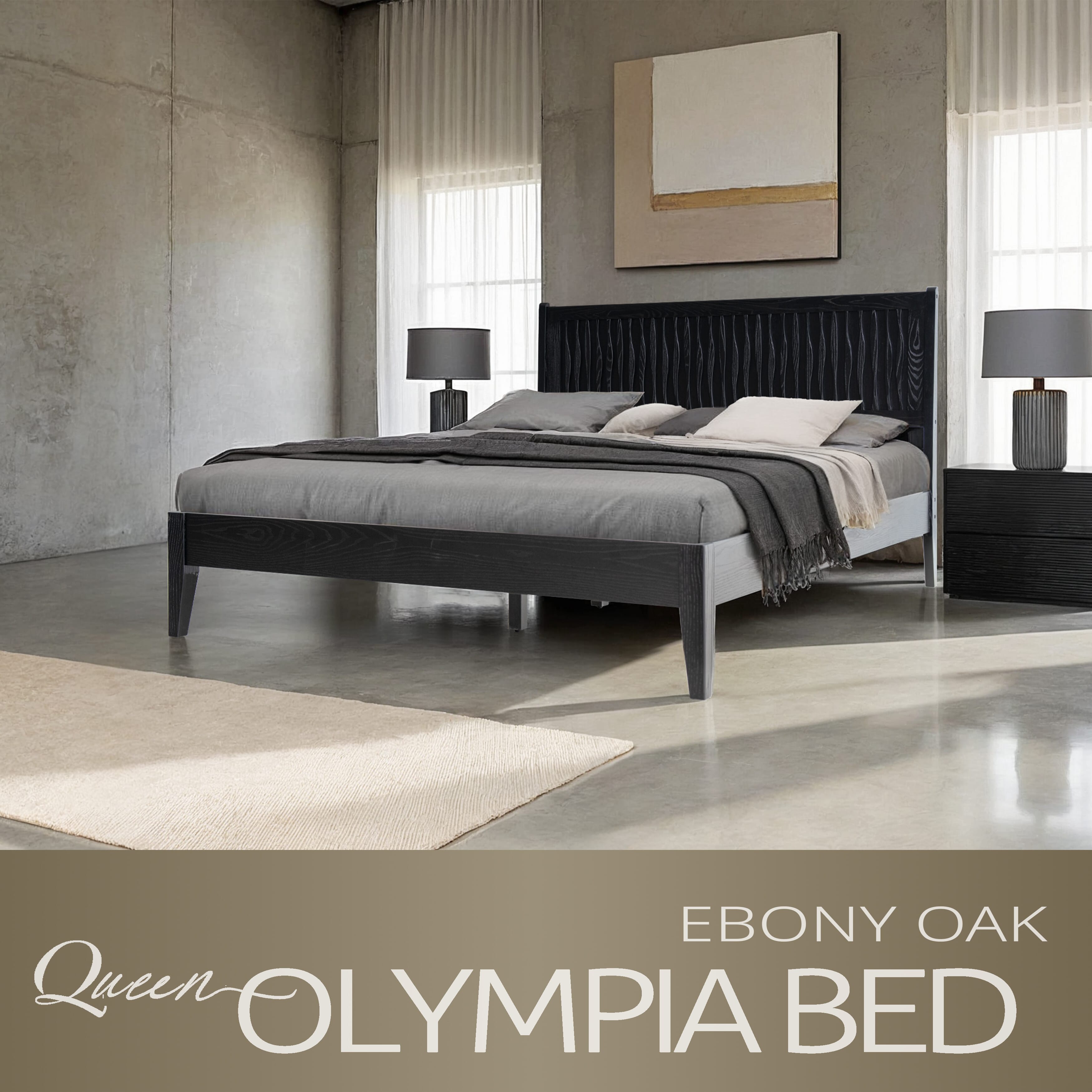 Queen Size Platform Bed Frame, Solid Wood Headboard & Footboard, 12 Sturdy Slatted Structure, Center Metal Legs, No Box Spring Needed, Anti-Noise & Slip-Free, Easy Assembly, Ebony Oak Finish, OLQ-35