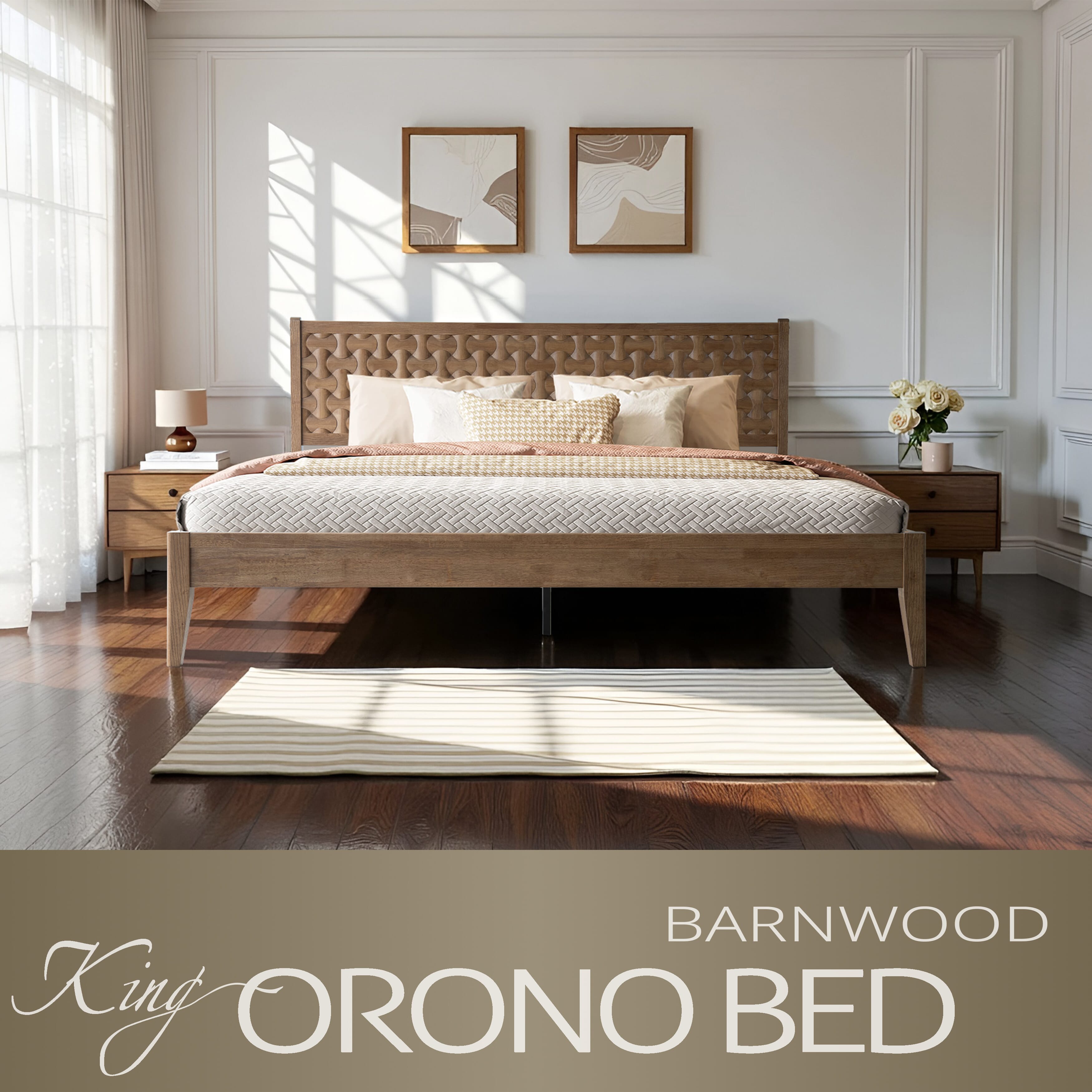 King Size Platform Bed Frame with Solid Wood Headboard & Footboard, 12 Stable Slatted Structure, Center Metal Legs, No Box Spring Needed, Anti-Slip & Noise-Free, Easy Assembly, Barnwood Finish, ORK-30